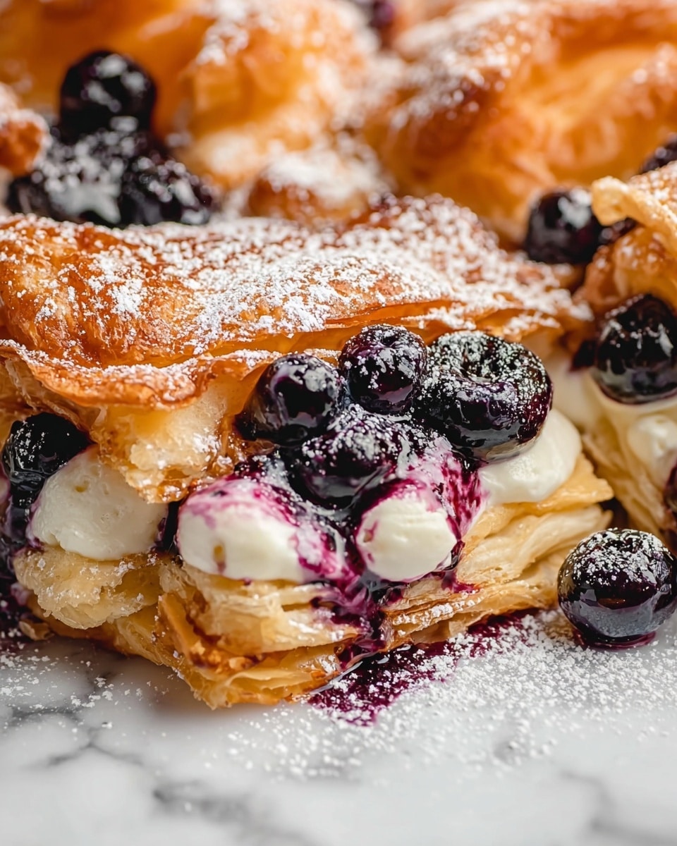 The image shows a close-up of a layered dish with golden-brown pieces of baked or fried dough, each piece having a slightly crispy and flaky texture. Between the dough layers, there are white creamy dollops topped with dark blueberries and a purple berry sauce, adding bright color contrast. The dough pieces are lightly dusted with powdered sugar, enhancing their sweet look. The dish appears rich with visible soft and crispy textures, all placed on a white marbled surface. photo taken with an iphone --ar 4:5 --v 7