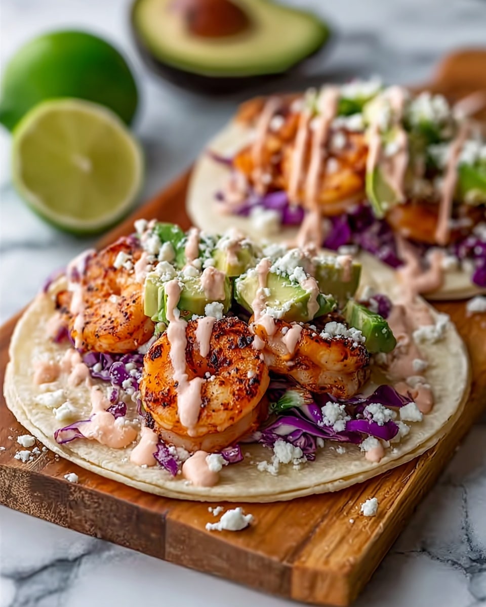 Two soft tacos are placed side by side on a white plate with a dark rim, set on a white marbled surface. Each taco has a soft, lightly toasted tortilla filled first with a bottom layer of shredded purple cabbage, adding a deep violet color. Above the cabbage is a layer of cooked shrimp with a reddish-brown grilled texture, arranged to show their curved shapes clearly. On top of the shrimp sits a generous dollop of light green creamy sauce with some visible small specks, giving a smooth and thick texture. Beside the plate are two lime halves with bright green skin and juicy, light green fruit inside, positioned to add freshness to the scene. photo taken with an iphone --ar 4:5 --v 7