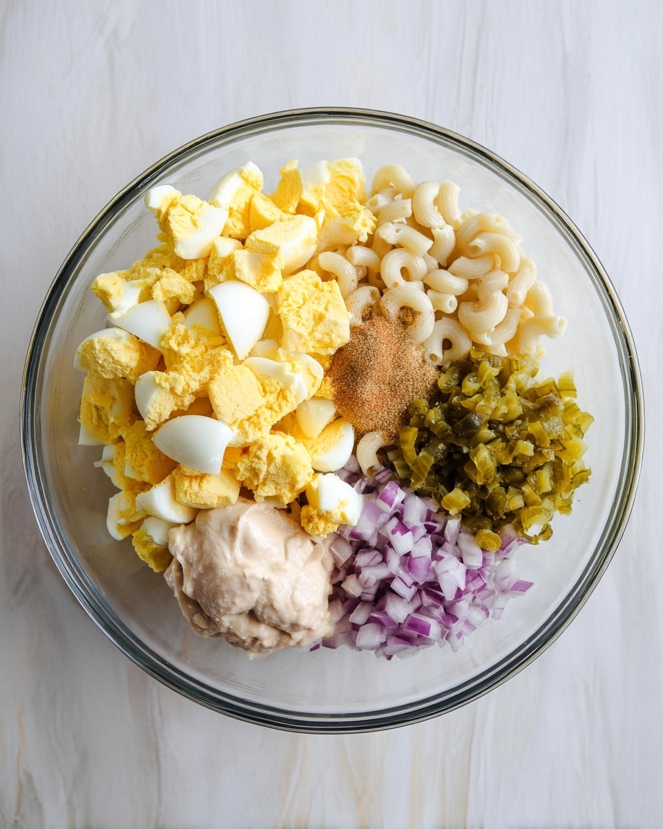 A clear glass bowl placed on a white marbled surface holds six distinct layers of ingredients arranged side by side. On the left, there is a large mound of chopped hard-boiled eggs with bright yellow yolks and white edges. Next to it, pale beige elbow macaroni fills a section, while in the middle, a small pile of light brown spice powder sits. To the right of the spice, there is a dollop of creamy yellow mustard, and next to it, finely diced green pickles with a slightly shiny texture. The last section on the far right holds finely chopped purple onions. At the bottom of the bowl, a generous scoop of thick, pale pinkish-white mayonnaise is present. The whole composition is clearly visible from above, with no mixing done yet, photo taken with an iphone --ar 4:5 --v 7