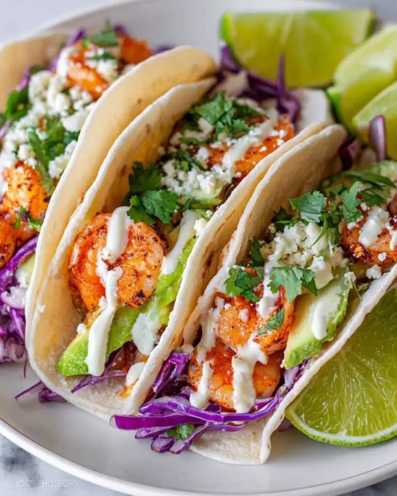 Shrimp Tacos with Creamy Lime Sriracha Sauce and Fresh Toppings Recipe