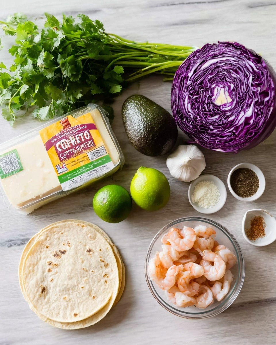 The image shows several fresh ingredients arranged on a white marbled surface. There is a bunch of green cilantro with long stems on the left, next to a pack of cotija cheese with yellow and green label. Below the cheese is a half head of purple cabbage with white veins inside. In the center is a dark green avocado, a small round yellow onion, a light green lime, and a small garlic clove. To the right, a clear glass bowl holds peeled, pinkish shrimp. Below the shrimp, a small white plate holds four spices: two in brown shades, one black, and one white. Above the avocado and onion is a small stack of white corn tortillas. Photo taken with an iphone --ar 4:5 --v 7