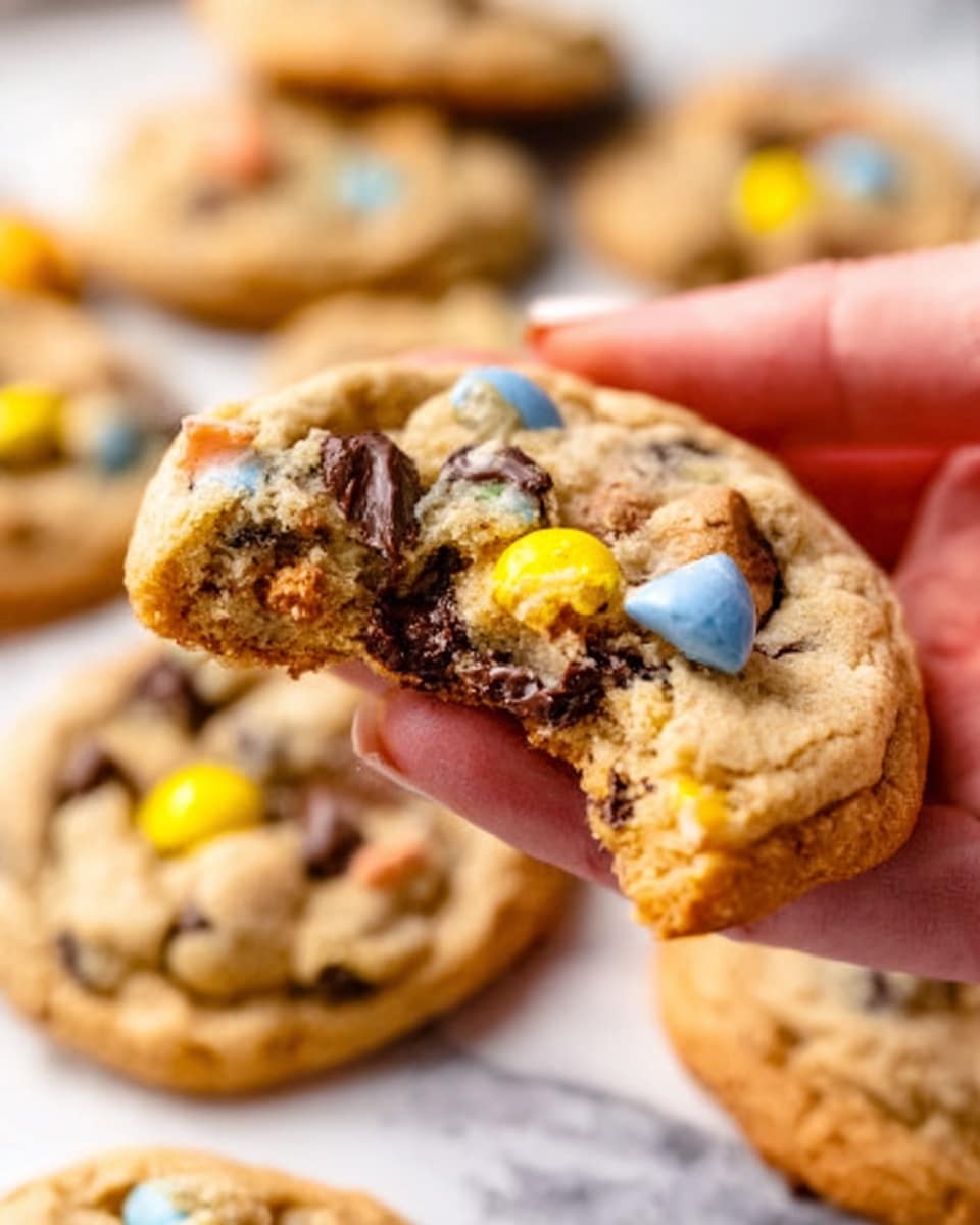 A close-up of a chocolate chip cookie held by a woman's hand with a bite taken from it, showing melted dark chocolate and yellow, blue, and brown candy pieces inside and on top. The cookie is golden brown with a soft texture and small chocolate chips scattered throughout. Several other cookies with similar colors and candy pieces lie blurred in the background on a white marbled surface. The light highlights the soft and rich textures of the cookie, making it look fresh and yummy. photo taken with an iphone --ar 4:5 --v 7