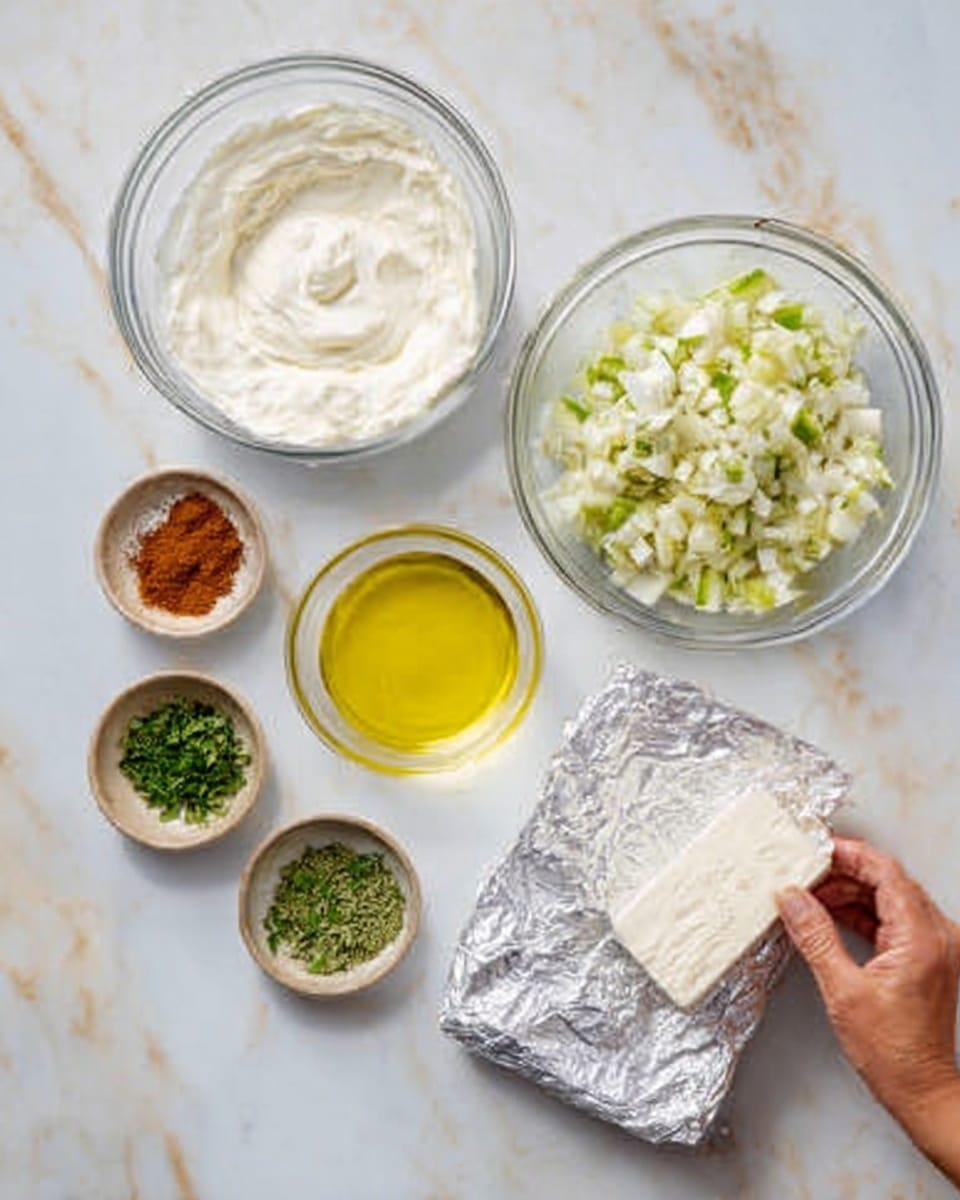 The image shows several ingredients on a white marbled surface. There is a large clear glass bowl filled with thick white cream on the left side. Next to it are two small round bowls, one with finely chopped green herbs and the other with a reddish powder. A small glass bowl containing yellow olive oil is placed near the center. On the right side, there is another large clear glass bowl filled with diced white and green vegetables. In front of the bowls, there is a rectangular block of white cheese wrapped in silver foil, partially open. A woman's hand is holding a piece of the cheese from the foil. Photo taken with an iphone --ar 4:5 --v 7