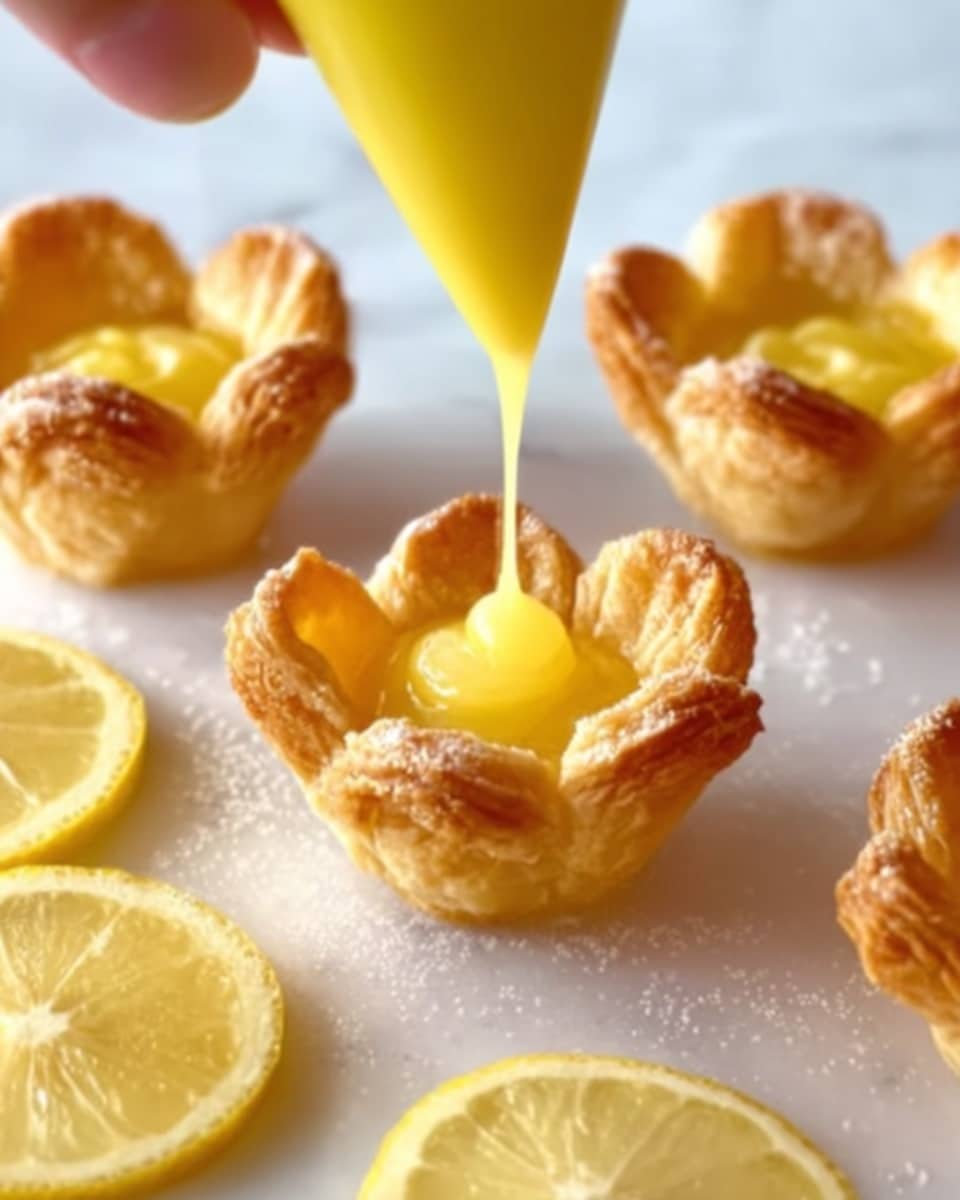 The image shows a close-up of small golden brown pastry cups shaped like flowers with flaky, crisp layers. A bright yellow smooth lemon curd is being poured into one pastry cup from a yellow piping bag held by a woman's hand. The white marbled surface underneath holds several empty pastry cups and lemon halves with vibrant yellow flesh. The light brings out the soft textures of the lemon curd and the crispy texture of the pastries. photo taken with an iphone --ar 4:5 --v 7
