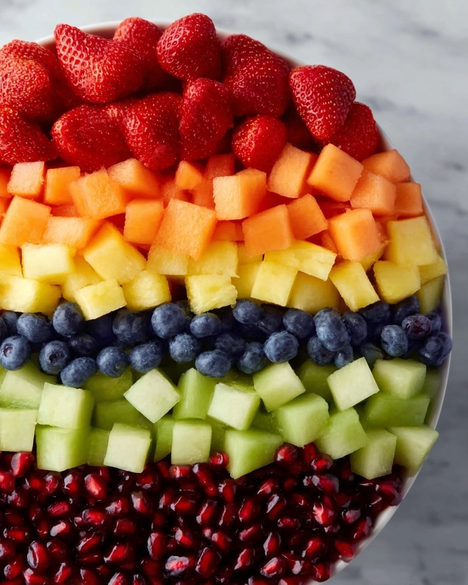 A tall white bowl filled with seven different fruit layers stacked neatly from top to bottom on a white marbled surface. The top layer is bright red whole strawberries, followed by orange cantaloupe cubes. Below the cantaloupe is a layer of yellow pineapple chunks. Next is a light green layer of honeydew melon cubes. Below that are dark blue blueberries, then a layer of dark red grapes, and finally a bottom layer of shiny deep red pomegranate seeds. All fruit layers are packed closely together, creating a colorful, striped effect. Photo taken with an iphone --ar 4:5 --v 7