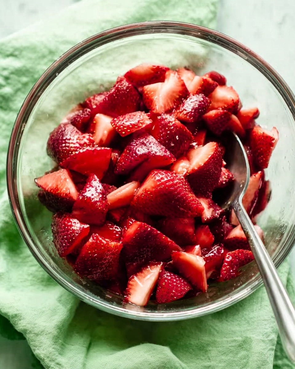 A clear glass bowl filled with many pieces of bright red strawberries, some pieces look juicy and fresh. The strawberries fill the bowl almost to the top, and a silver spoon is resting inside the bowl on the right side. The bowl is sitting on a white marbled surface with a soft green cloth partly underneath it. The strawberries have a smooth and shiny texture, with little seeds showing, and the colors range from deep red to lighter pink spots. Photo taken with an iphone --ar 4:5 --v 7
