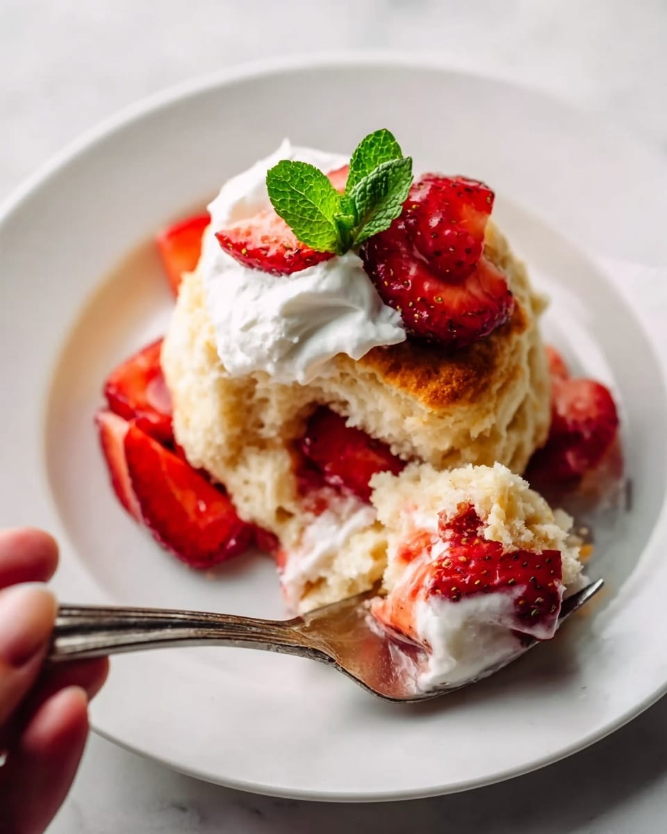 A close-up of a white plate with a round biscuit that has a golden-brown top and a light, fluffy inside. The biscuit is partially broken, showing a soft texture. Inside and around the biscuit are bright red strawberry slices, with some dollops of white whipped cream on top and inside. A small green mint leaf is placed on top for garnish. A silver fork rests on the plate near the biscuit, with woman's hand holding a piece on the fork. The plate sits on a white marbled surface. photo taken with an iphone --ar 4:5 --v 7