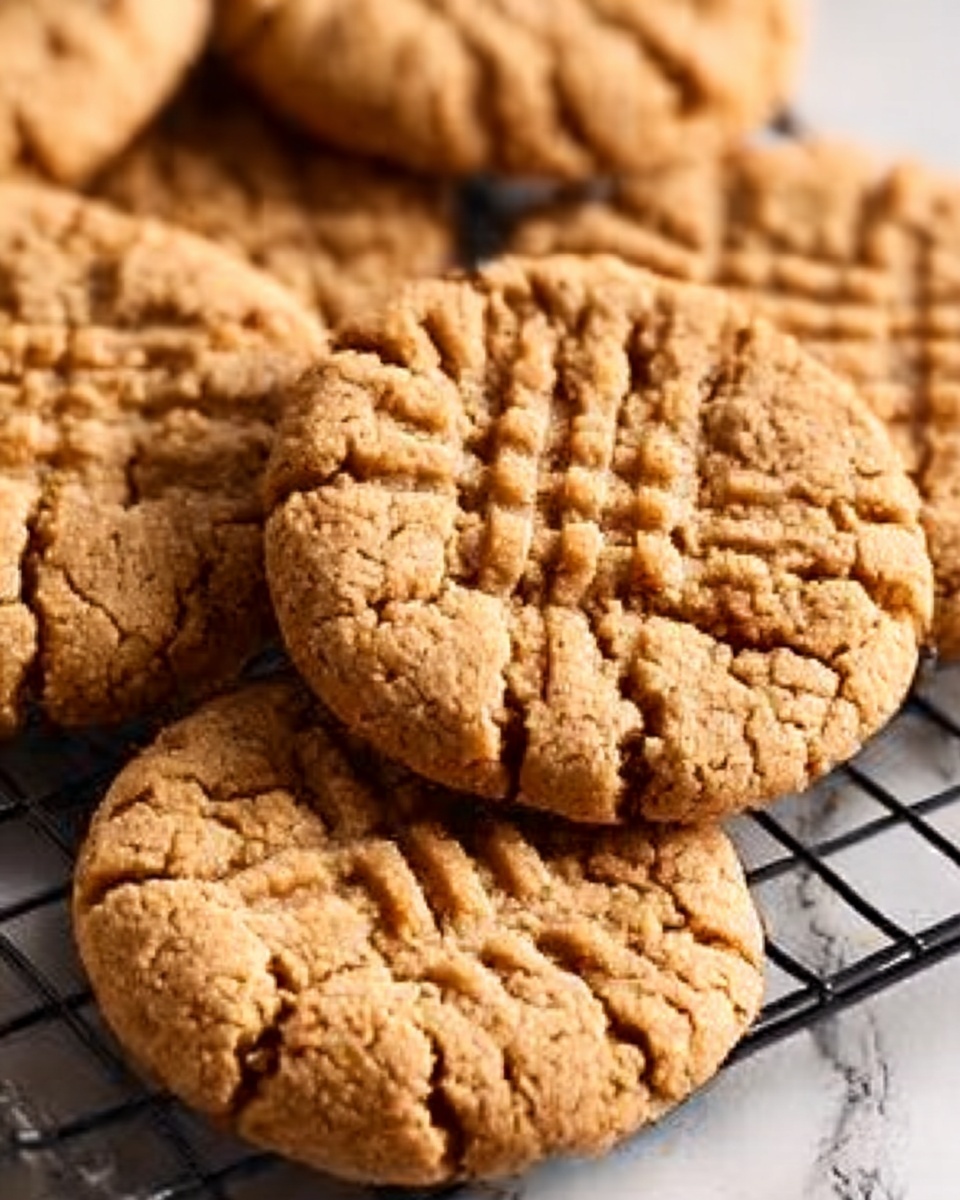 The image shows several round peanut butter cookies with a cracked surface and a crosshatch pattern on top. The cookies are light brown and have a slightly rough texture. They are placed close together on a black metal cooling rack, and the background surface is a white marbled texture. The warm color of the cookies contrasts with the black rack and white marble. Photo taken with an iphone --ar 4:5 --v 7