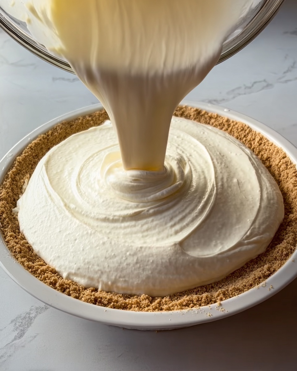 A close-up of a thick, smooth, white creamy filling being poured from a glass bowl into a round white pan with a crumbly light brown crust. The creamy layer is thick and soft with swirling textures visible as it spreads evenly over the crust. The background is a white marbled texture. Photo taken with an iphone --ar 4:5 --v 7