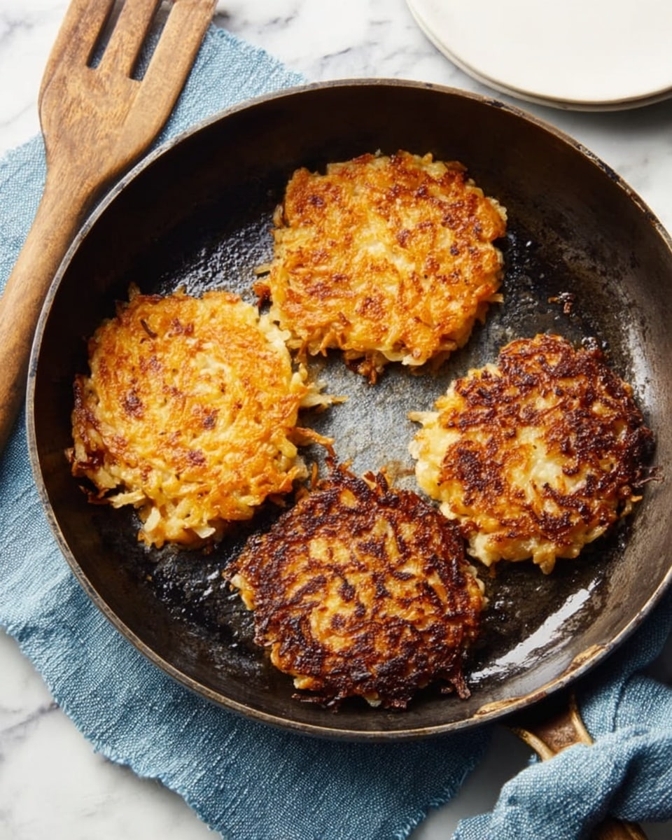 The image shows a close-up of a black cast-iron pan on a white marbled surface, containing three round golden-brown potato pancakes with crispy edges and a slightly uneven texture. A wooden spatula rests on the left side of the pan, and a white plate is partially visible in the upper right corner. There is a blue cloth beneath the pan, adding a soft contrast to the scene. The lighting highlights the crispy and textured surface of the pancakes, giving a warm, home-cooked feeling. photo taken with an iphone --ar 4:5 --v 7