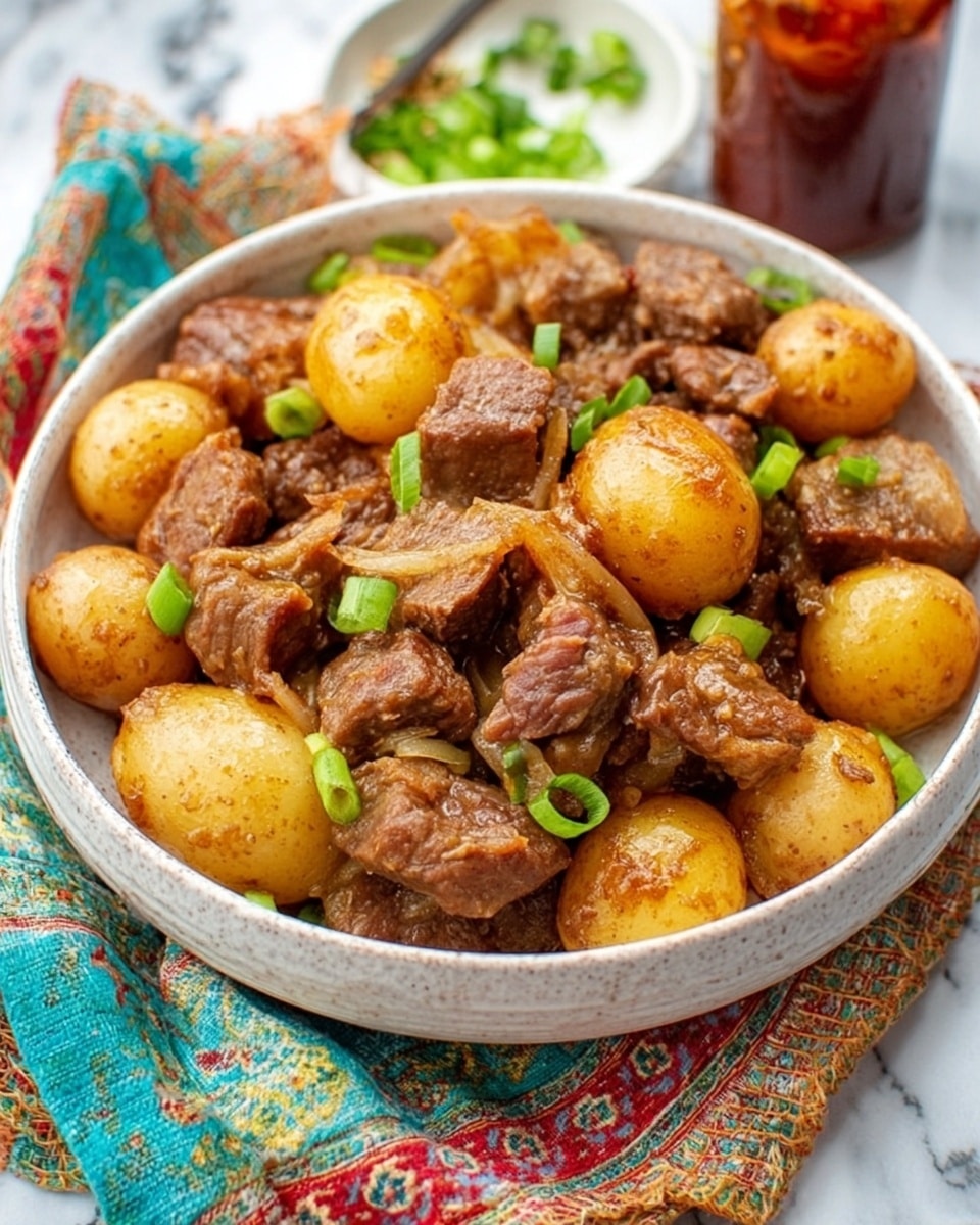 The image shows a white bowl filled with a dish of cooked chunks of brown meat mixed with whole small light brown potatoes. The meat pieces have a tender, slightly rough texture, and some green onion slices are sprinkled on top for color. The bowl is placed on a white marbled surface with a colorful cloth beside it. A bottle of sauce is blurred in the background. The scene looks bright and inviting. photo taken with an iphone --ar 4:5 --v 7