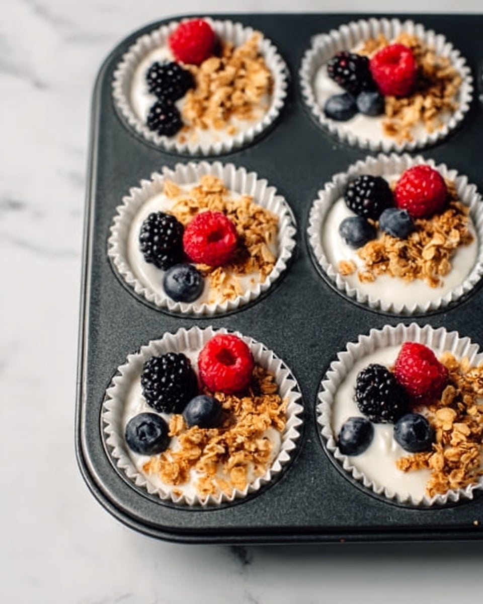 The image shows six white cupcake liners arranged in a dark baking tray on a white marbled surface. Each liner contains a layer of creamy white yogurt at the bottom, topped with clusters of crunchy golden granola. On top of the granola, there are small fresh berries including red raspberries, black blackberries, and dark blue blueberries, each liner having a mix of these fruits. The textures contrast with the smooth yogurt, the rough granola, and the plump berries. Photo taken with an iphone --ar 4:5 --v 7
