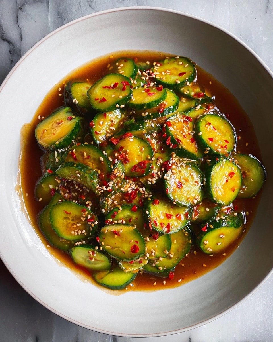 The dish shows sliced cucumber pieces spread in a white bowl filled with a shiny brown sauce covering the bottom. The cucumber slices are green on the outside and light yellow-green inside with a smooth, slightly glossy texture. Red chili flakes and small sesame seeds are sprinkled evenly over the cucumbers, adding red and white specks on top. The bowl rests on a white marbled surface. photo taken with an iphone --ar 4:5 --v 7