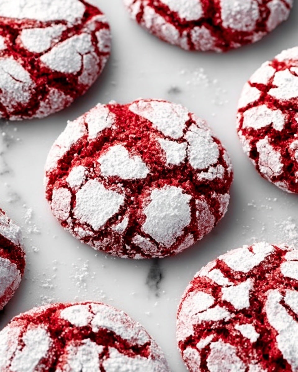 The image shows several red cookies with white powdered sugar cracked on the top, forming a pattern of cracks revealing the red dough underneath. The cookies are round and placed on a white marbled surface. The red color is bright and contrasts with the white sugar dusting, giving the cookies a textured look. The cookies are spaced apart showing the smooth and slightly rough texture of the exterior. Photo taken with an iphone --ar 4:5 --v 7