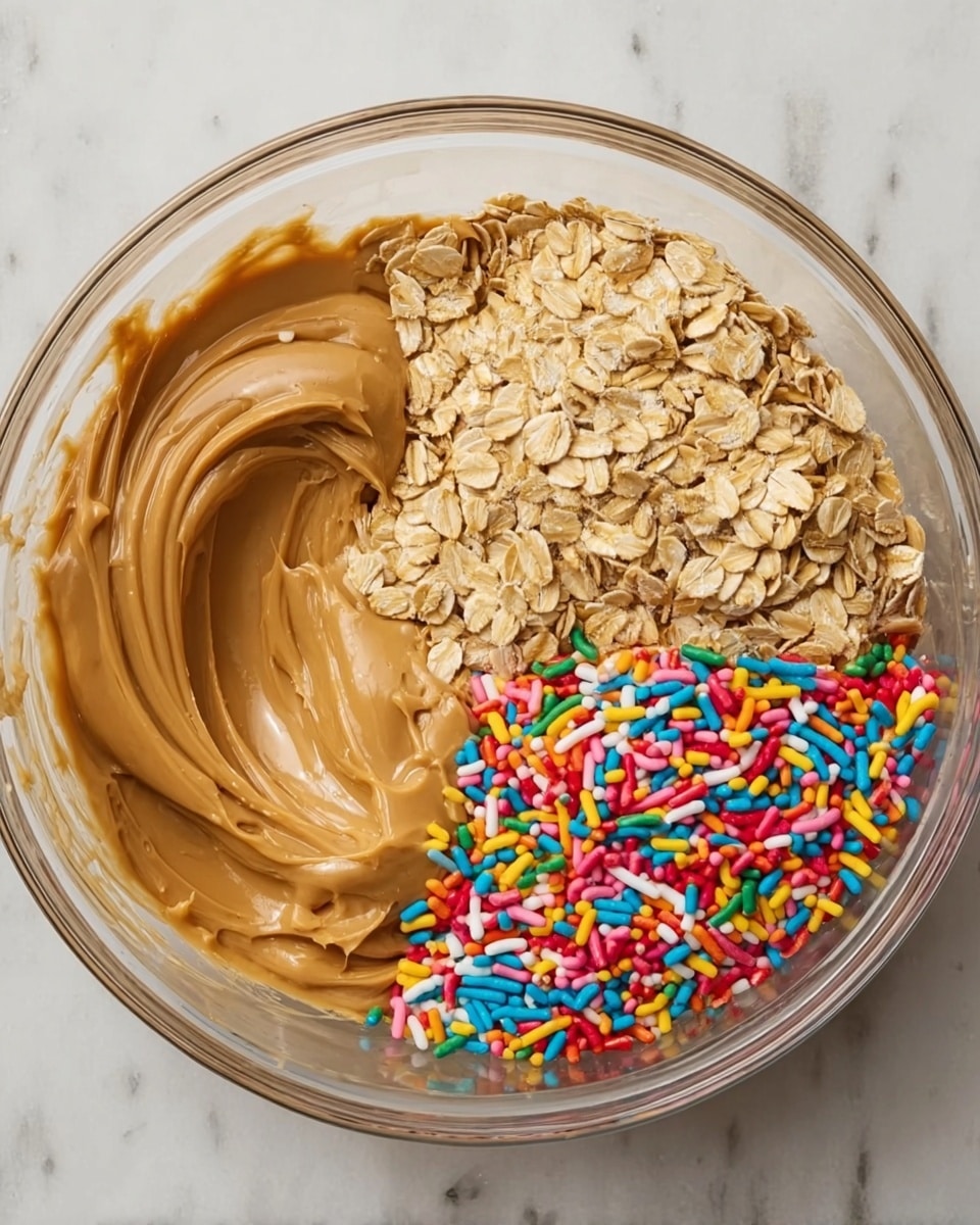 A clear glass bowl contains three distinct sections of ingredients: smooth, light brown peanut butter fills the left side with creamy texture and gentle swirls; golden rolled oats fill the top right section with a dry, rough texture; and vibrant multicolored sprinkles, including red, yellow, green, blue, and pink, fill the bottom right section with a crunchy texture. The bowl is placed on a white marbled surface. photo taken with an iphone --ar 4:5 --v 7