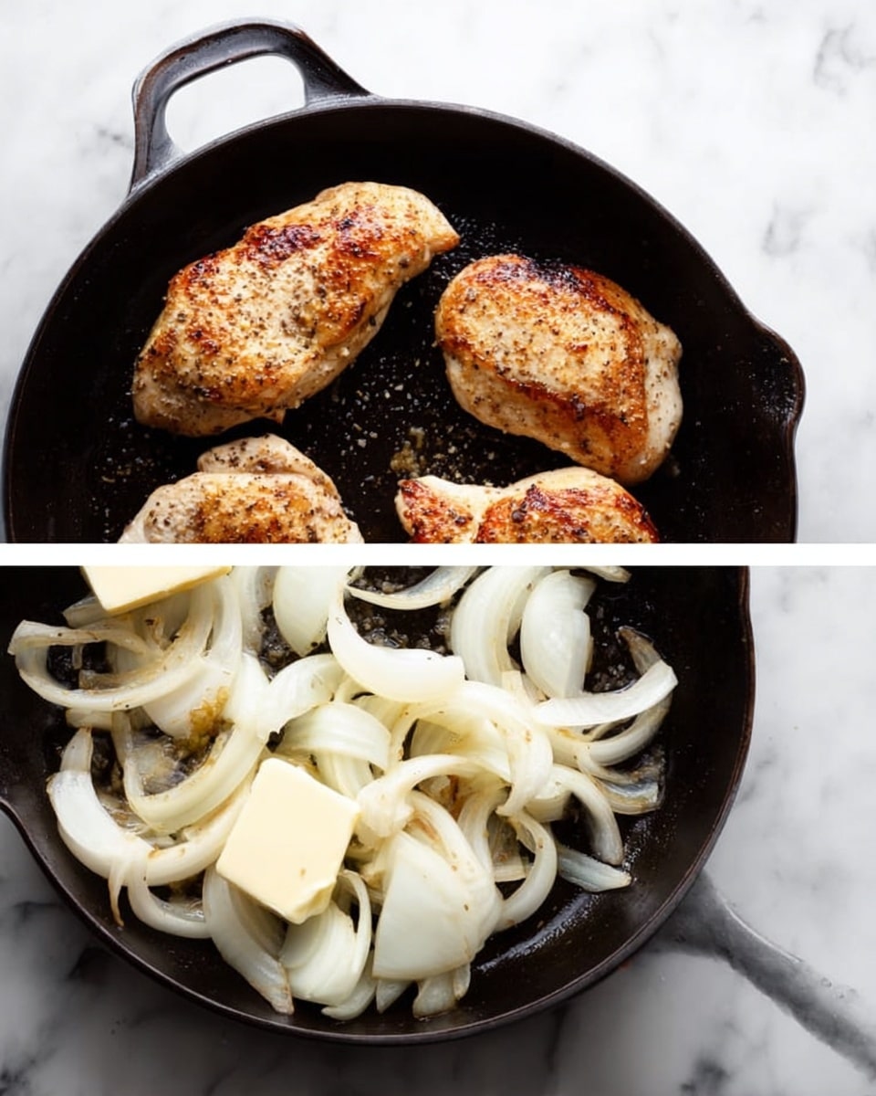 The image shows two black cast iron pans on a white marbled surface. The left pan has four pieces of browned cooked chicken meat with a golden crust, each piece spaced apart and sizzling in the pan. The right pan contains several layers of sliced white onions spread evenly, with two small blocks of yellow butter melting at the bottom. Both pans have handles pointing upwards. Photo taken with an iphone --ar 4:5 --v 7