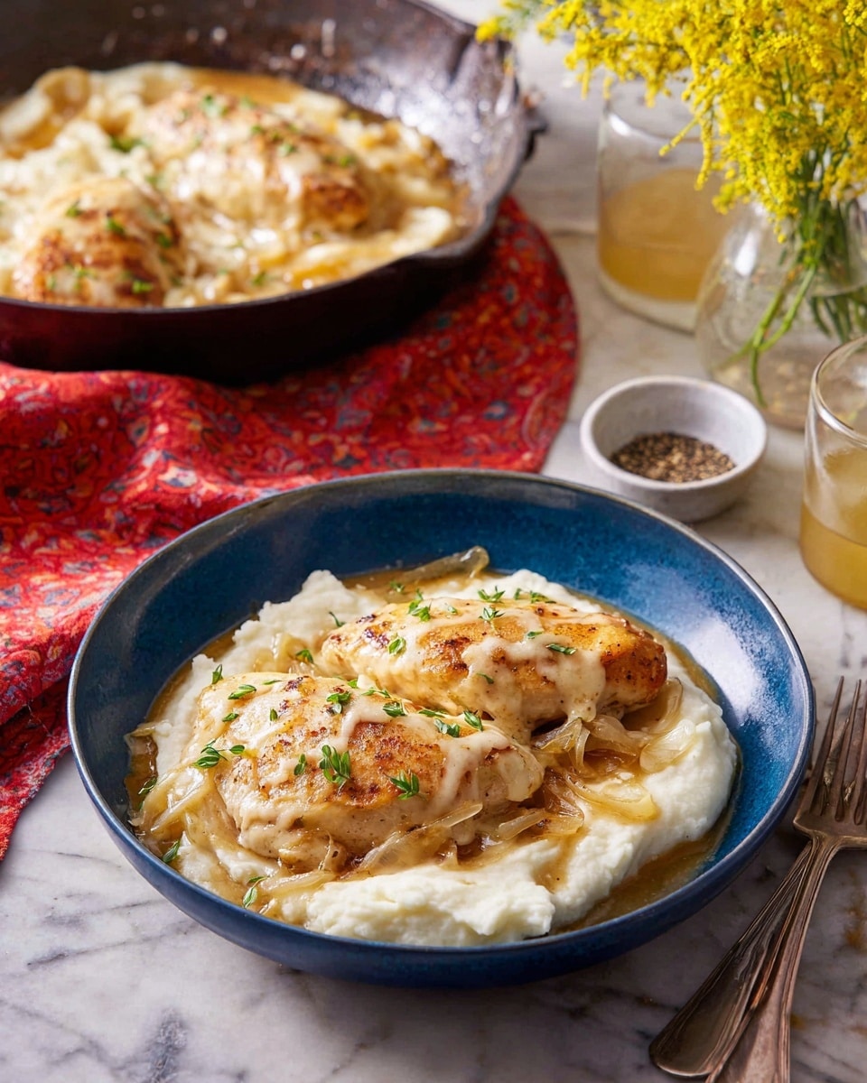 A deep blue bowl holds a two-layer dish starting with a thick, creamy white mashed layer spread flat at the bottom, topped with two golden brown chicken pieces covered in melted pale yellow cheese and light brown sautéed onions. Small green herb leaves are sprinkled lightly over the top. Behind the bowl, a dark pan contains more chicken with melted cheese in the same sauce, resting on a white marbled surface next to a small white dish of black pepper, a glass of light-colored drink, a red patterned cloth, and a fork. Bright yellow flowers in a glass vase add a touch of color in the softly lit background. Photo taken with an iphone --ar 4:5 --v 7