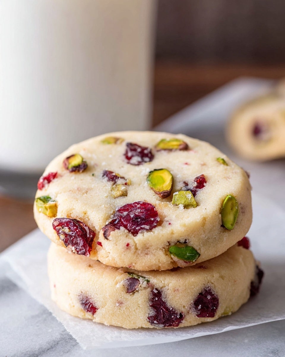 Two round cookies sit stacked on a white marbled surface with a glass of milk blurred in the background. Each cookie has a light beige base with scattered pieces of bright green pistachios and dark red dried cranberries embedded throughout. The texture of the cookies looks soft yet firm, and the edges are slightly golden. The bottom cookie rests on a small piece of translucent parchment paper. photo taken with an iphone --ar 4:5 --v 7