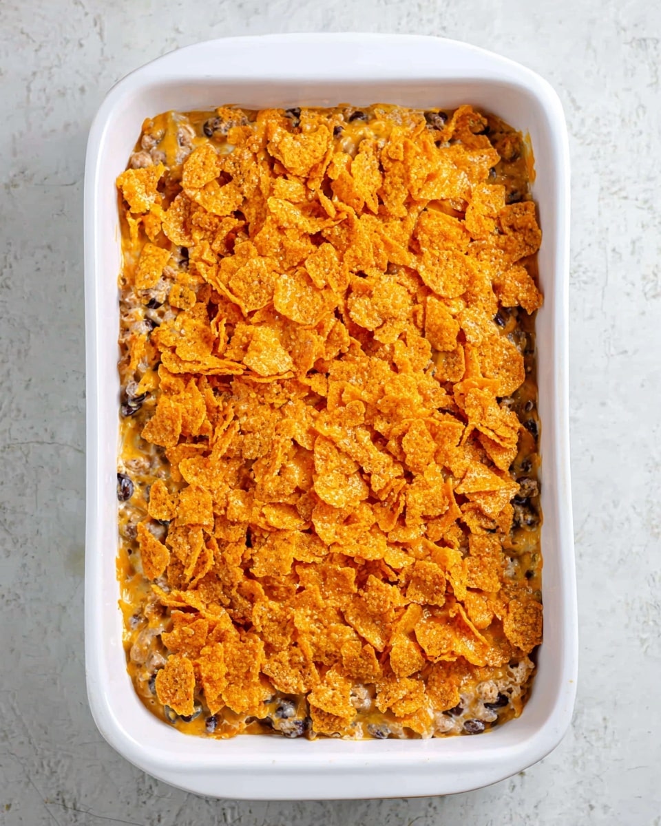 A white rectangular baking dish holds a layered casserole on a white marbled surface. The bottom layer shows a creamy mixture with bits of black beans and chunks of beige and brown textured ingredients. The top layer is covered with crushed bright orange crispy chips, spread evenly across the dish, adding a crunchy texture contrast. The dish looks thick and hearty with an orange and beige color mix. photo taken with an iphone --ar 4:5 --v 7