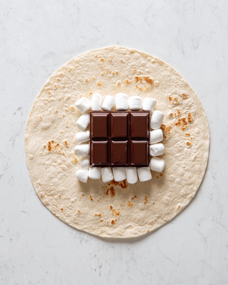 A flat round tortilla lays flat on a white marbled surface with three layers in the center: the bottom layer is a ring of small white marshmallows evenly spread in a circle, the middle layer is a square golden-brown cracker, and the top layer is a thick, smooth, rectangular piece of chocolate with a rich dark brown color, placed in the very center. Photo taken with an iphone --ar 4:5 --v 7