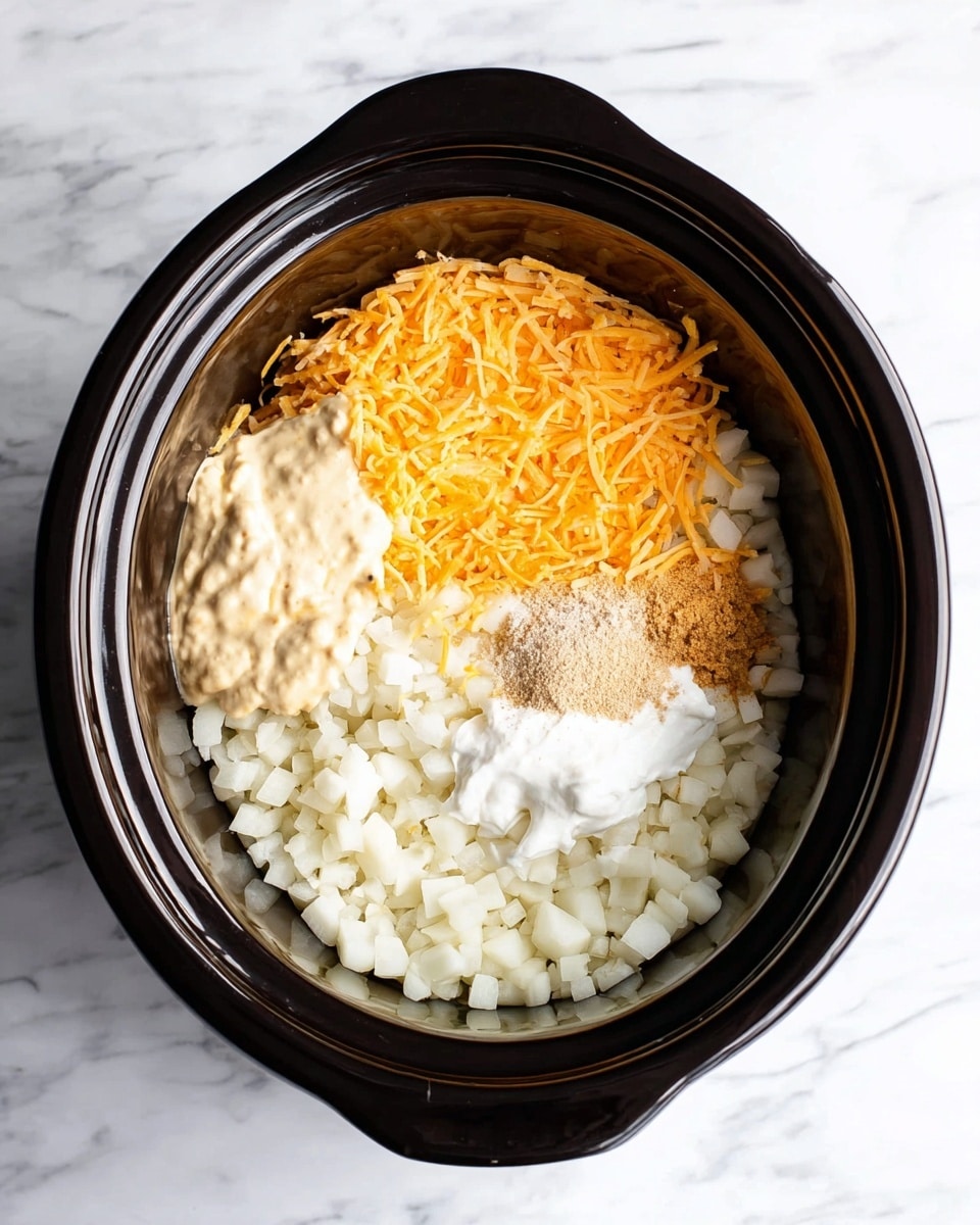 Inside a black slow cooker, there is a base layer of small white diced pieces, likely potatoes or turnips, filling the bottom. On top of this, in separate sections, are four more layers: a pile of shredded orange cheese on the left, a beige creamy dollop next to the cheese, a white creamy dollop on the right side, and a small sprinkle of light brown powder sitting slightly between the two creamy portions. The black slow cooker is sitting on a white marbled surface. Photo taken with an iphone --ar 4:5 --v 7