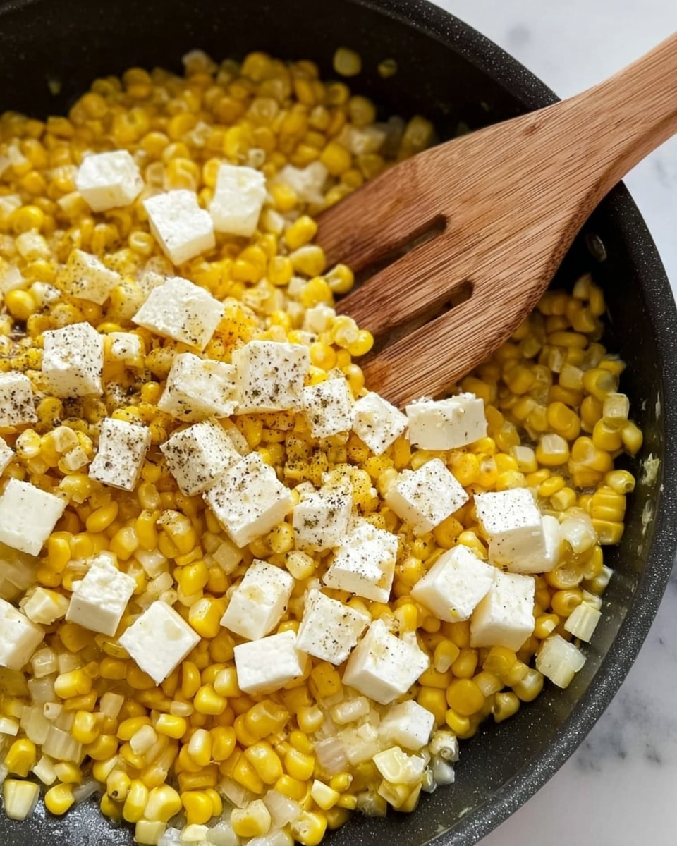 A close-up view of a black cooking pan filled with yellow and white cooked corn kernels topped with unevenly placed white cheese cubes and a sprinkle of black pepper. A wooden spatula with a flat, slotted shape rests diagonally inside the pan, partially submerged in the corn. The background surface is a white marbled texture. photo taken with an iphone --ar 4:5 --v 7