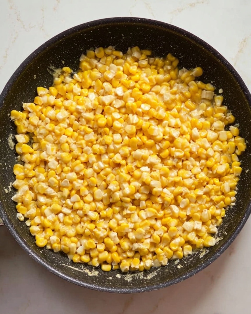 The image shows a single layer of cooked corn kernels in a large black pan. The corn is bright yellow and white, mixed evenly across the pan, giving a textured look of smooth, juicy kernels slightly glistening. The pan is placed on a white marbled surface, with visible oil or butter traces around the edges, adding a shiny detail to the scene photo taken with an iphone --ar 4:5 --v 7