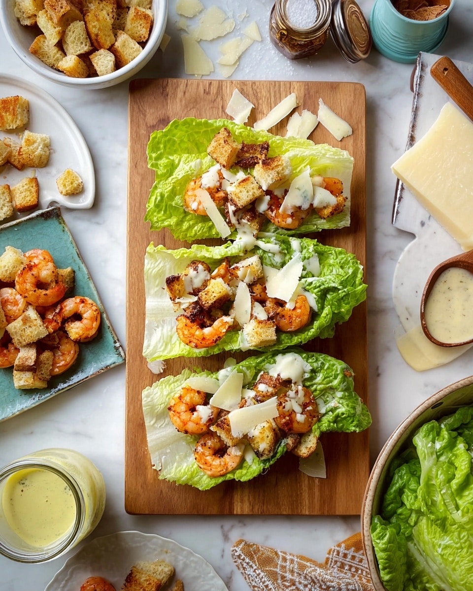 The image shows a wooden board with three lettuce wraps arranged in a row, each wrap has a green lettuce leaf base topped with several grilled shrimp that are orange and slightly charred, golden brown crispy croutons scattered over them, thin pale yellow cheese slices, and creamy white sauce drizzled on top with some black pepper sprinkled over. Around the board, there is a wooden bowl filled with more croutons on the top left, a metal bowl with cooked shrimp on the bottom left, a white marbled surface underneath, and small white bowls holding salt with pepper, a block of cheese, a tin of anchovies, and a jar of creamy sauce with a wooden spoon on the right side. The bottom right corner shows a white bowl with more fresh green lettuce leaves. photo taken with an iphone --ar 4:5 --v 7