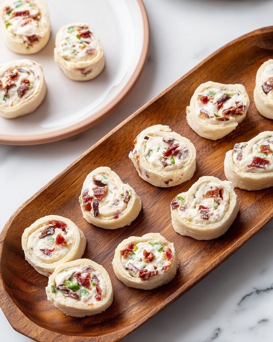 The image shows a wooden serving tray filled with ten small pinwheel rolls, each with a creamy white filling swirled with pieces of red, brown, and green ingredients. The pinwheels have a soft, pale outer layer tightly wrapped around the filling. To the upper left, two more pinwheel rolls are placed on a white plate with a soft pink tint, all set on a white marbled surface. The texture of the rolls appears smooth and creamy, with the colorful bits evenly distributed inside the spiral. Photo taken with an iphone --ar 4:5 --v 7