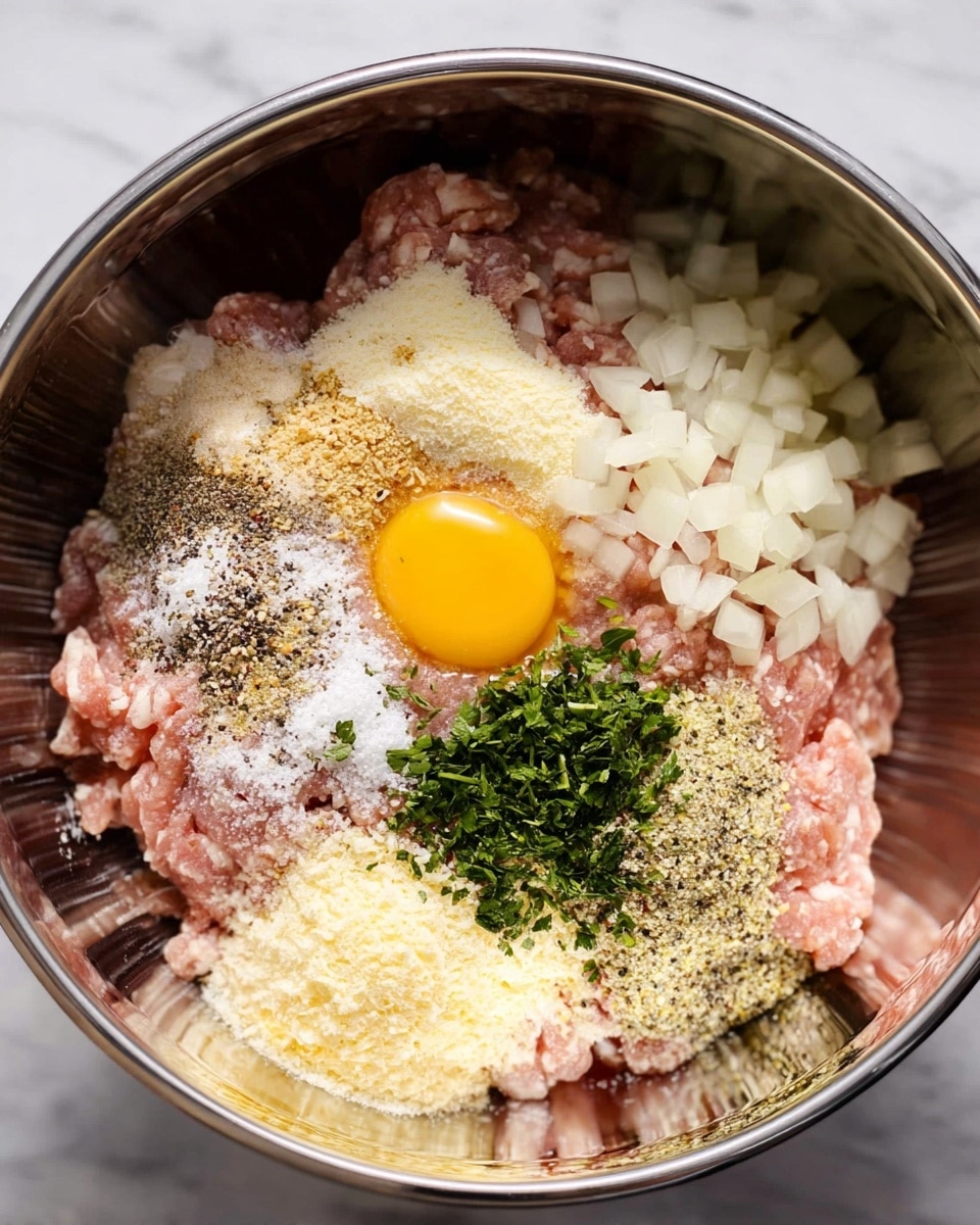 In a shiny metal bowl on a white marbled surface, there is a mix of layers starting with raw ground meat in the center. Around the meat, there is a layer of small white onion pieces on the top right, a pile of minced garlic on the left, and a cracked raw egg with a bright yellow yolk on the bottom right. There are also several spices and seasonings scattered over the meat including crushed black pepper, white salt, and green chopped herbs in the center, along with some grated cheese sprinkled around the egg and meat. The colors show pink meat, white and yellow from the egg and cheese, green herbs, and black and white spices, all sitting inside the shiny reflective bowl. photo taken with an iphone --ar 4:5 --v 7