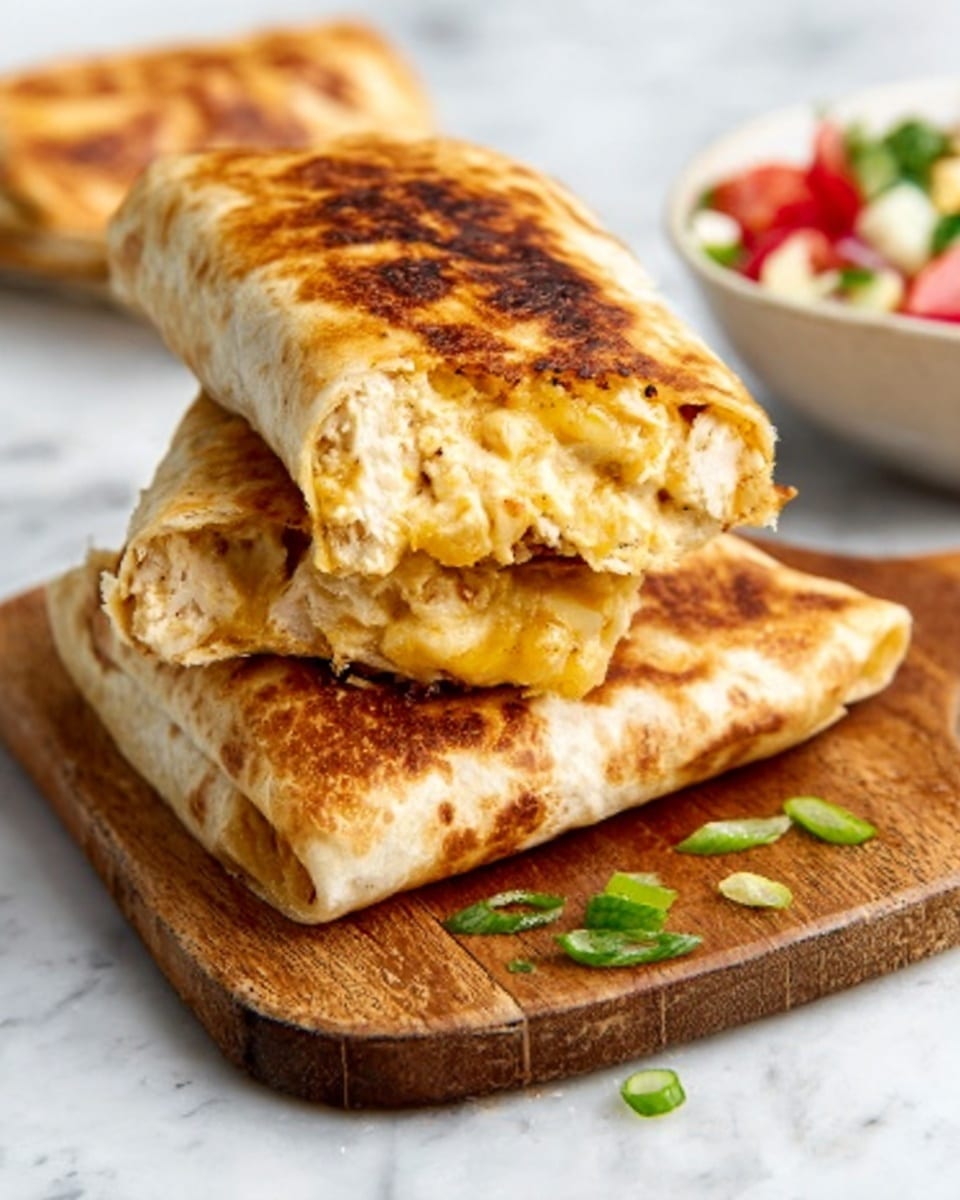 The image shows three golden-brown grilled wraps stacked on a wooden board. The wraps have a slightly crispy outside with some darker grilled spots. The top wrap is broken open, revealing a creamy, cheesy filling mixed with small pieces of chicken inside. Around the board, there are a few small green onion pieces scattered. In the background, a white bowl holds a colorful salad with red, green, and white elements, all set on a white marbled surface. Photo taken with an iphone --ar 4:5 --v 7