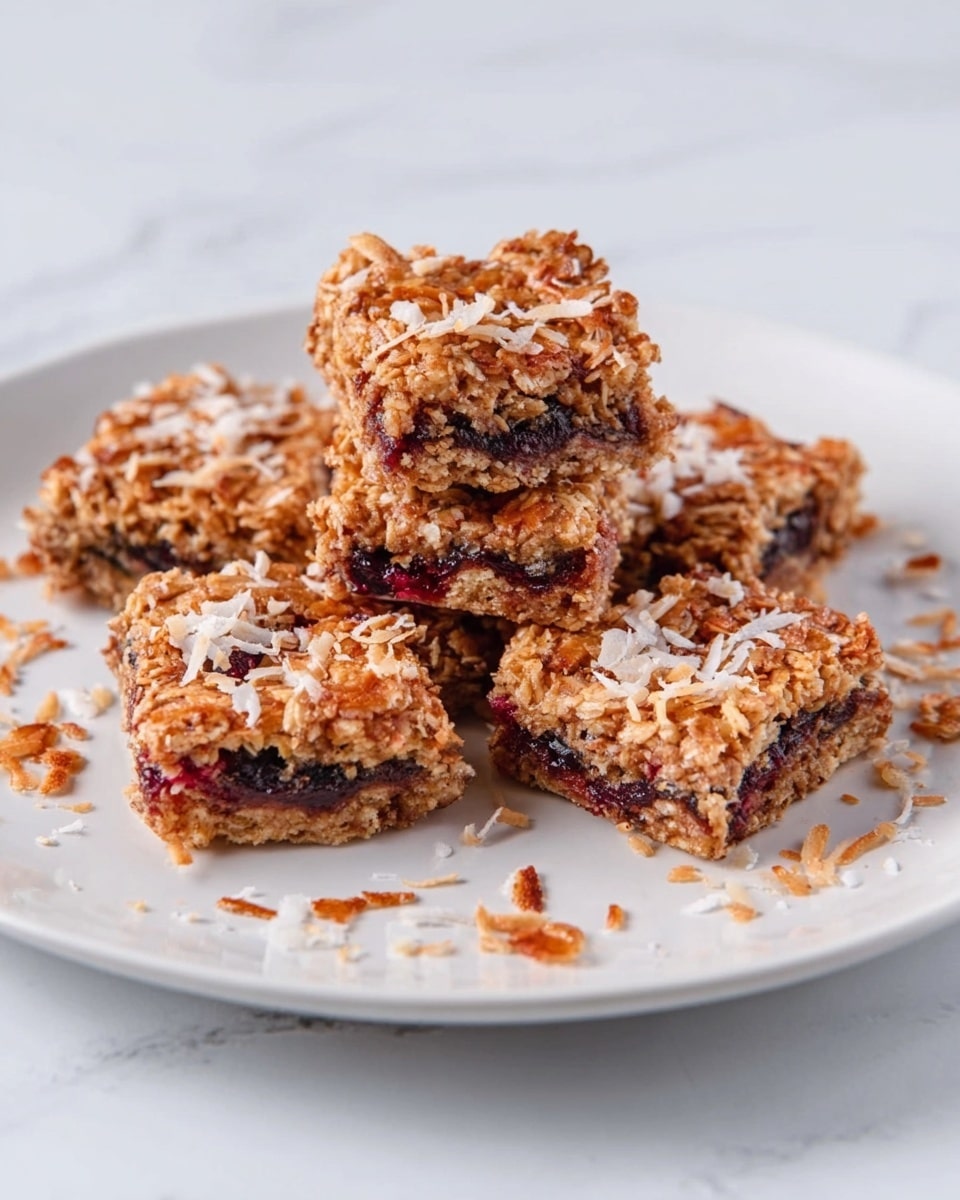 The image shows six square oat bars stacked in a circle on a white plate with some coconut flakes on top. Each bar has a golden brown textured top layer with toasted coconut flakes and a darker middle layer with visible oats and berries, giving a chewy look. Around the plate, scattered toasted coconut flakes add extra detail. The plate is on a white marbled surface. photo taken with an iphone --ar 4:5 --v 7