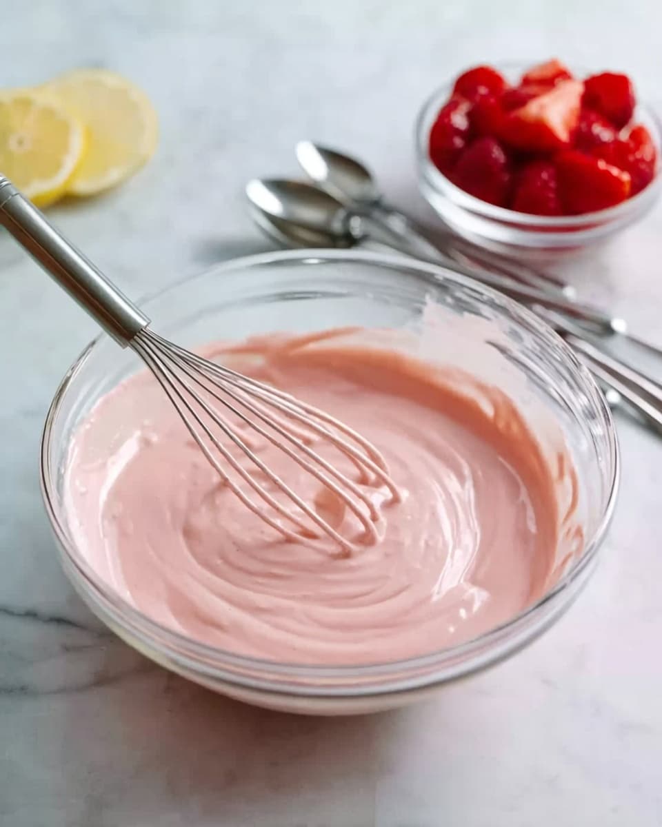 A clear glass bowl on a white marbled surface holds a smooth, light pink mixture with a shiny texture. A metal whisk is partially submerged in the mixture, with its wires coated in the pink batter. Around the bowl, on the right, there are three silver measuring spoons laid flat, and a small clear bowl filled with bright red strawberries. In the background, at the top of the image, part of a lemon slice is visible. The scene is bright and clean, showing soft natural light. Photo taken with an iphone --ar 4:5 --v 7