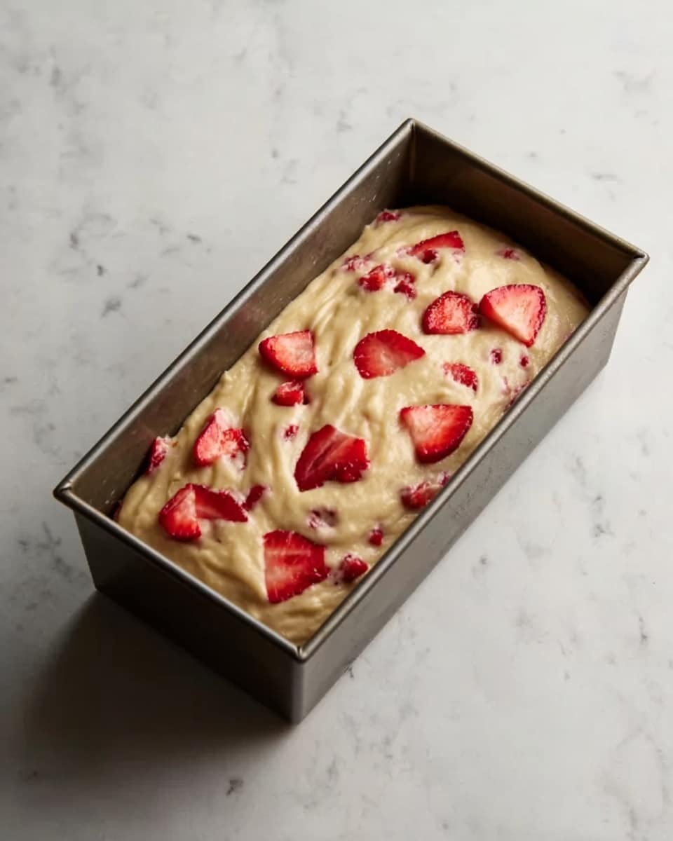 A rectangular metal loaf pan filled with light beige batter that has a slightly swirled texture on top. Scattered on the surface are small pieces of fresh red strawberries, some embedded slightly into the batter. The pan sits on a white marbled surface. Photo taken with an iphone --ar 4:5 --v 7