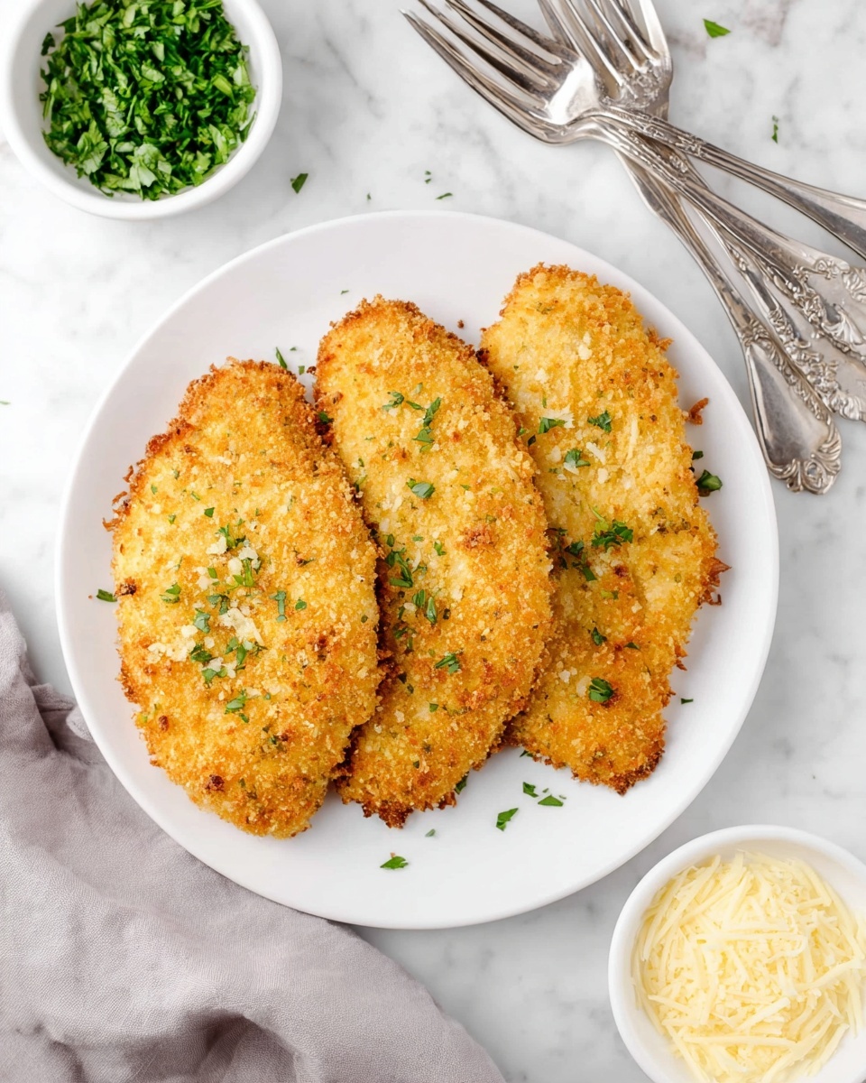 Three golden brown crispy breaded fillets are laid side by side on a white round plate placed on a white marbled surface. The fillets have a textured, crunchy coating with small green herb bits sprinkled on top, adding a touch of color. Above and to the right, a white plate holds three silver forks with intricate handles. On the upper left side, a small white bowl filled with chopped fresh green herbs is visible, and at the bottom right, another small white bowl contains finely grated pale yellow cheese. A soft light grey cloth napkin peeks in from the bottom left corner. Photo taken with an iphone --ar 4:5 --v 7