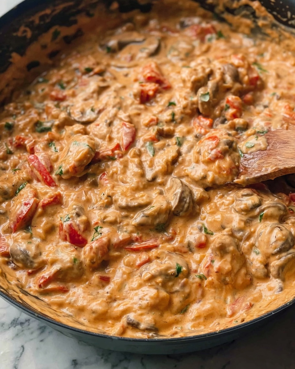 A creamy dish shown close up, mostly light brown-orange in color with a thick texture. It has several visible layers including small pieces of cooked mushrooms, red bell pepper chunks, and green herbs mixed into the creamy base. The sauce looks rich and creamy with a smooth consistency, holding the ingredients together. The dish is being stirred with a wooden spoon on a white marbled surface. Photo taken with an iphone --ar 4:5 --v 7