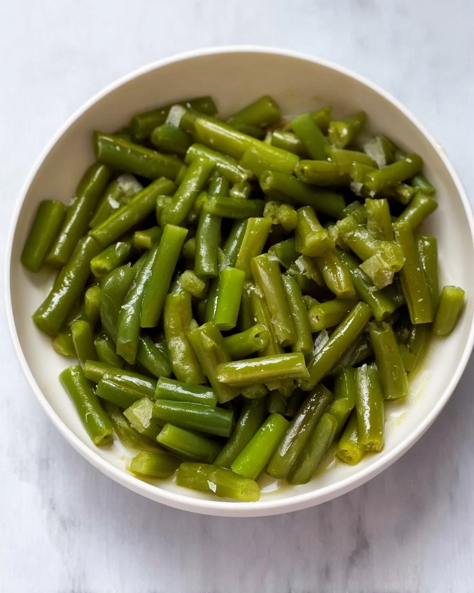 A white bowl filled with a single layer of evenly cut green beans, all showing a shiny and smooth texture. The green beans are bright green and arranged loosely but cover the bottom of the bowl well. The background is a white marbled surface. photo taken with an iphone --ar 4:5 --v 7