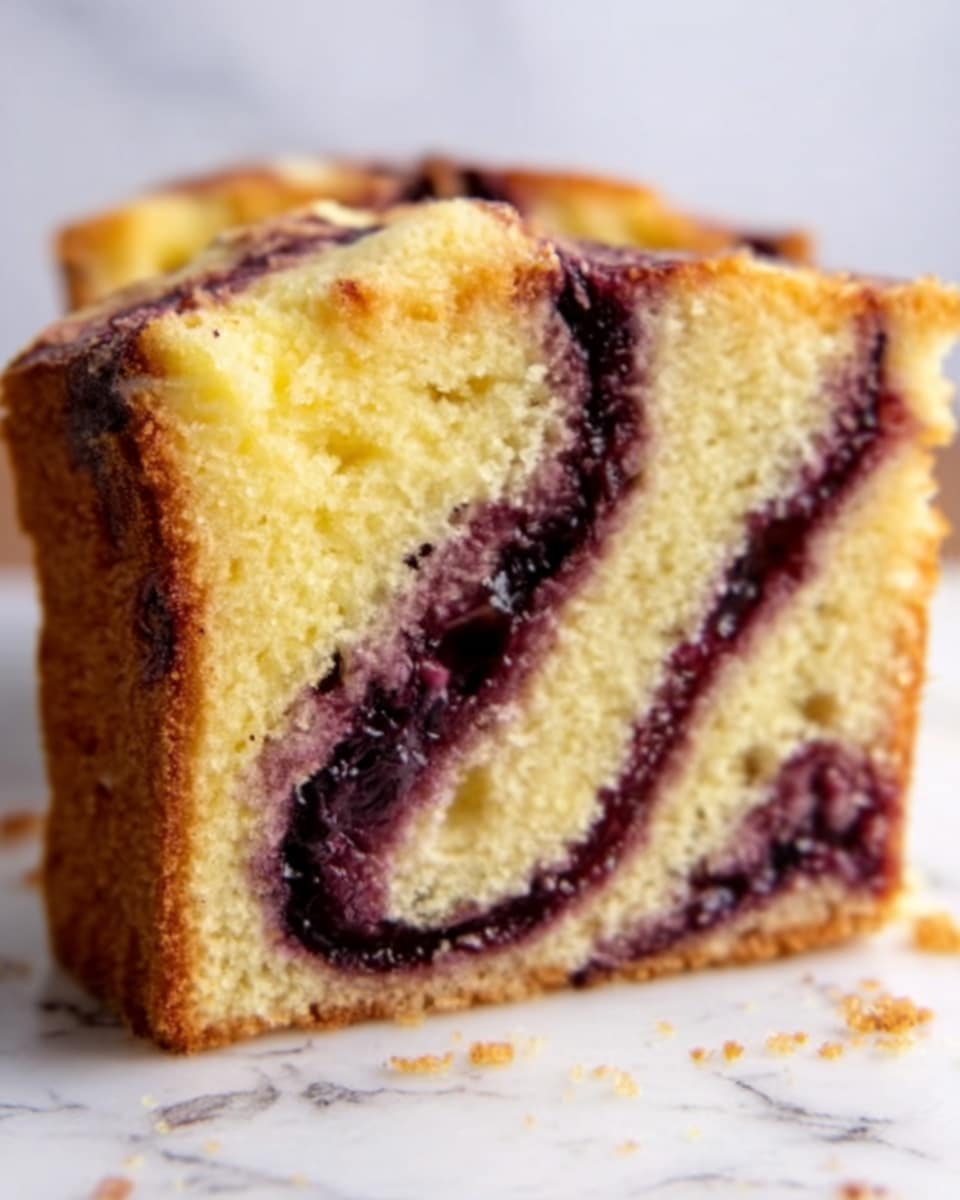 The image shows a close-up of a thick slice of cake with two main layers. The cake layers are light yellow with a soft, spongy texture. Swirling through the cake are dark purple ribbons that look like melted fruit or jam, twisting from the top left to the lower right side. The top edge of the cake slice has a browned crust. The background is a white marbled surface, and the photo has a soft focus on the cake. photo taken with an iphone --ar 4:5 --v 7