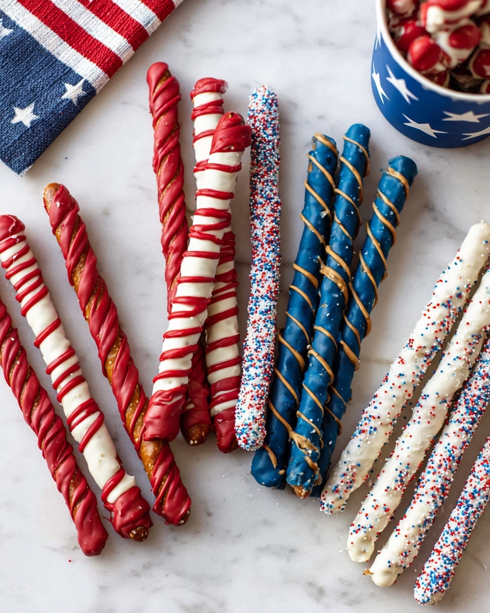Several pretzel sticks stand upright inside a clear glass, each covered in layers of red, white, and blue chocolate with various decorations: some have smooth swirls in different colors, while others are decorated with tiny round sprinkles in red and blue. Around the base of the glass, more pretzel sticks lie flat on a white marbled surface, showing patterns of alternating colors and stripes. In the background, there are two jars painted with American flag patterns—one dark blue with white stars and one red with white stripes—creating a festive and colorful scene. The overall look is bright with a mix of smooth and textured chocolate coating on the pretzels. photo taken with an iphone --ar 4:5 --v 7