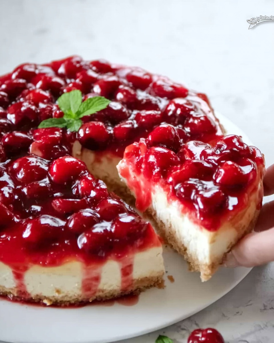 A round cheesecake with a thick bottom layer in a light beige color and a smooth creamy white middle layer. The top layer is bright red cherry topping with whole cherries and shiny syrup covering the surface unevenly, some cherries spilling down the edge. A woman's hand is holding a slice, showing the clean cut of the layers inside. A small green mint leaf sits on top near the edge. The cheesecake is on a white plate on a white marbled surface. Photo taken with an iphone --ar 4:5 --v 7
