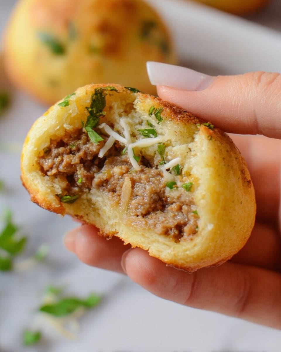 A close-up of a woman's hand holding a round golden-brown puff with green herb bits on its surface. The puff is bitten in half, revealing a soft and crumbly light yellow dough layer on the outside. Inside, there is a filling of finely ground brown meat mixed with a slightly melted white cheese layer, giving a moist texture. Some fresh green herbs and shredded white cheese are sprinkled on top of the puff. The background shows a blurred white marbled surface with another puff in the distance. Photo taken with an iphone --ar 4:5 --v 7