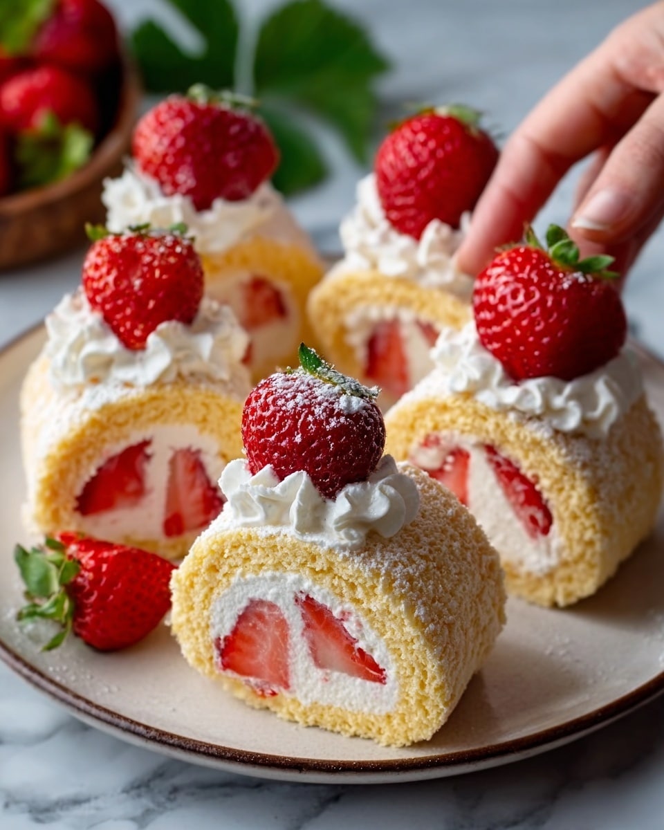 The image shows small cake rolls on a white plate, each roll has three layers: a light yellow sponge cake layer on the outside, a white creamy layer inside, and a red strawberry slice in the center. Each roll is topped with whipped cream and half a fresh strawberry. The plate is placed on a white marbled surface with more whole strawberries and green leaves in the background. A woman's hand is just touching one of the rolls. Photo taken with an iphone --ar 4:5 --v 7