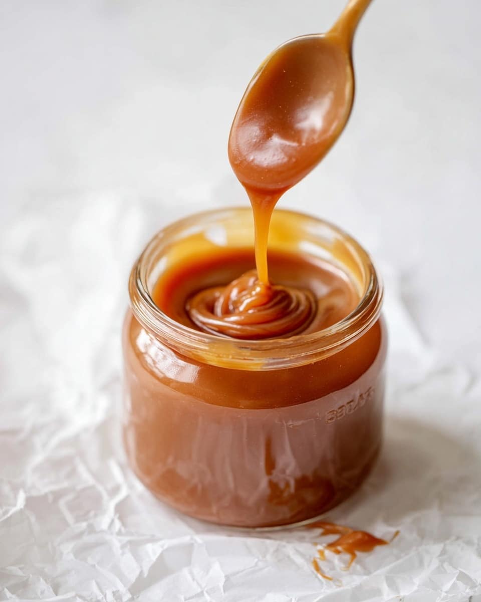 A close-up image shows a small round clear glass jar filled with thick caramel sauce, which is a rich amber brown color with a shiny, smooth texture. Above the jar, a spoon held by a woman's hand drips more caramel in a silky stream into the jar, creating soft swirls on the surface. The jar sits on crumpled white paper over a white marbled surface, giving a clean and bright background that contrasts with the warm caramel. photo taken with an iphone --ar 4:5 --v 7