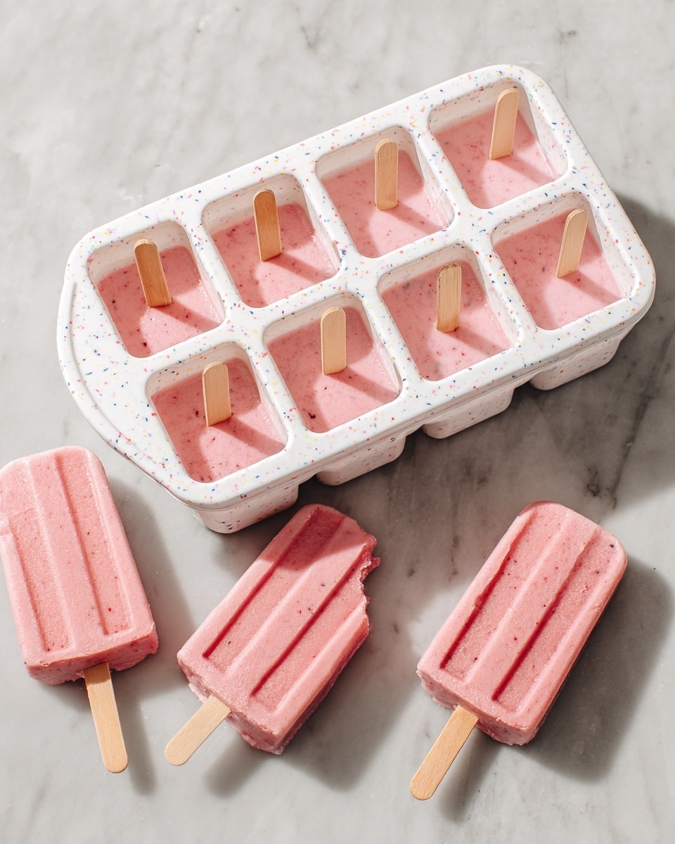 The image shows a white popsicle mold with colorful specks, filled with pink popsicle mixture in some sections, each having a wooden stick standing upright. Around the mold, four finished pink popsicles lie on a white marbled surface, with three whole popsicles and one with a bite taken out, revealing a smooth texture inside. The mold and popsicles are arranged neatly with soft natural lighting highlighting the creamy look and pastel pink color of the popsicles. photo taken with an iphone --ar 4:5 --v 7