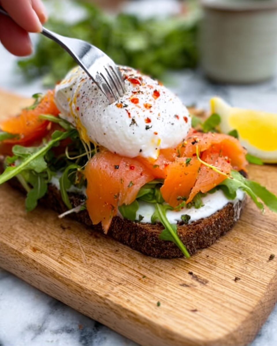 A slice of dark toasted bread sits on a light wooden board with a white marbled texture background. On the bread, there is a layer of green arugula leaves, topped by thin slices of orange smoked salmon. Above the salmon, a perfectly poached white egg with a soft, smooth texture is placed, sprinkled with black pepper and a little red spice on top. A woman's hand with a fork and knife is cutting into the poached egg. There is a lemon slice on the side of the board, and some blurred green herbs in the background. Photo taken with an iphone --ar 4:5 --v 7