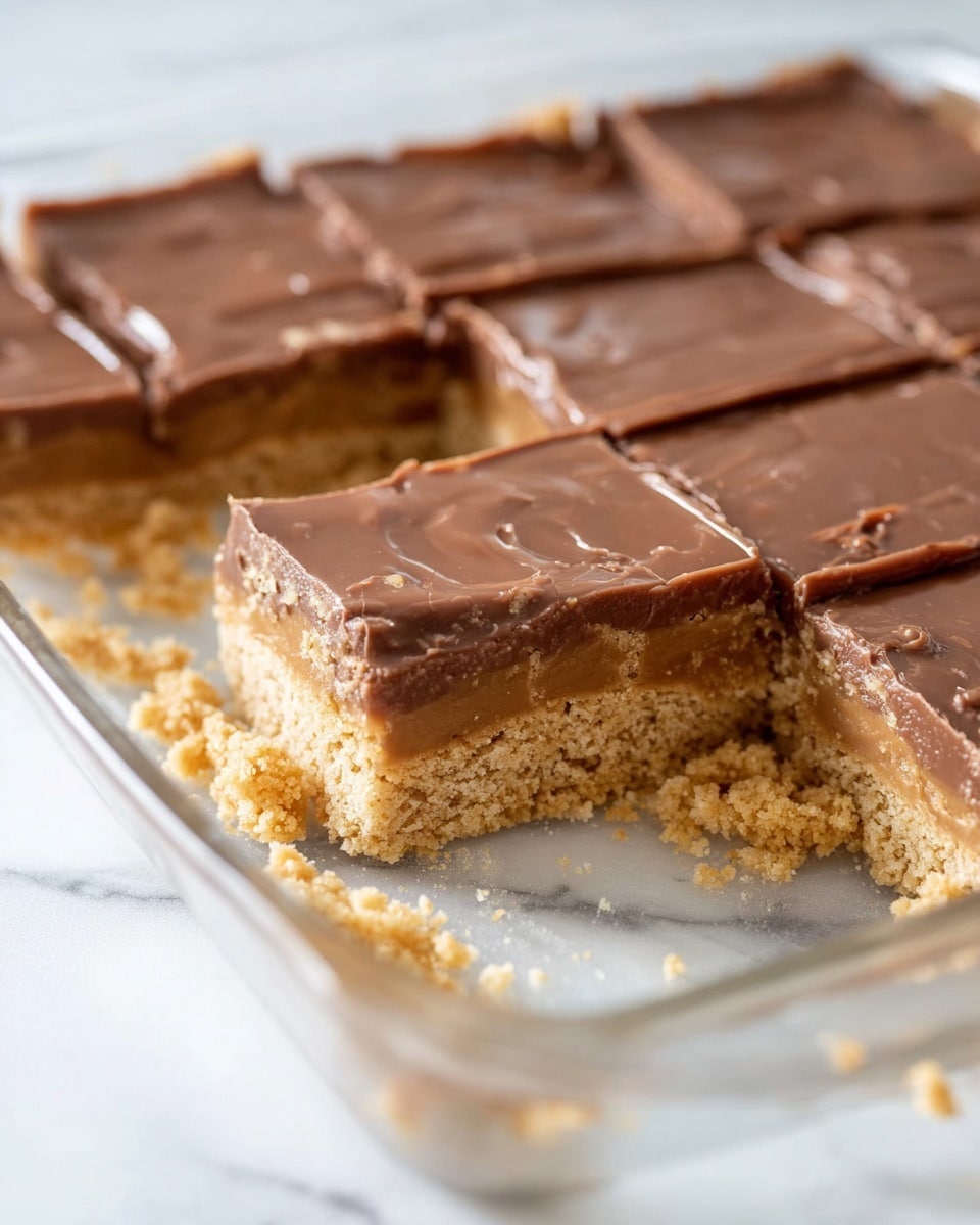 This image shows a close-up of a dessert bar cut into squares with two visible layers. The bottom layer is thick, crumbly, and golden brown with a rough texture, while the top layer is smooth, shiny, and light brown, resembling a melted chocolate or frosting. The squares are arranged in a glass dish with some crumbs scattered around, all placed on a white marbled surface. Photo taken with an iphone --ar 4:5 --v 7