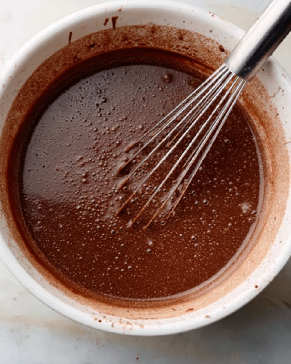 A white bowl filled with smooth dark brown chocolate batter mixed with some small bubbles and a few lumps. A metal whisk is partially inside the bowl, resting against the side, with traces of batter on the whisk and bowl's edge. The bowl sits on a white marbled surface, with some chocolate splatters on the bowl's rim and side. Photo taken with an iphone --ar 4:5 --v 7