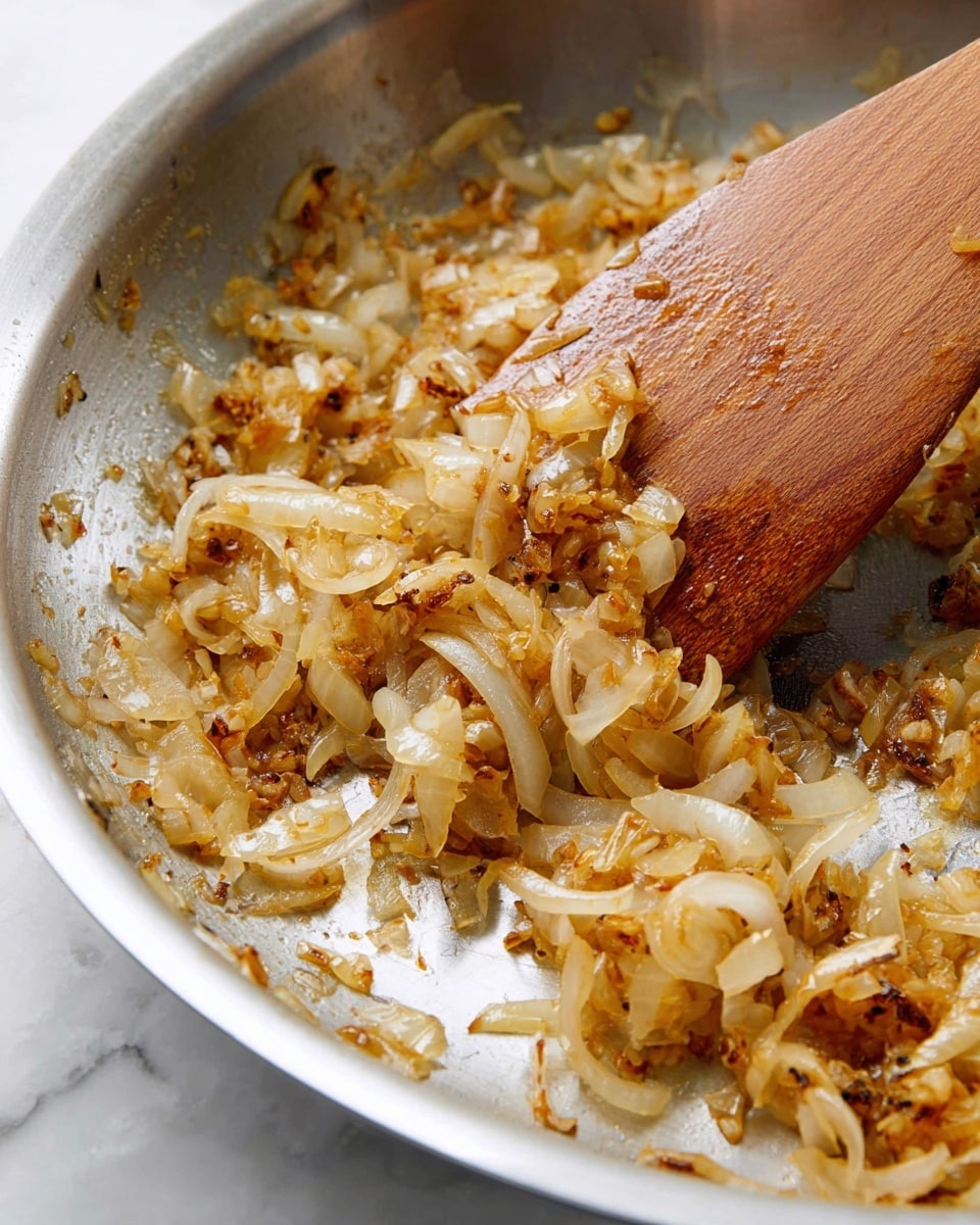 The image shows translucent, soft, sautéed onions with light golden brown edges in a silver pan. The onions are thinly sliced and spread across the bottom of the pan, with some bits caramelized to a darker brown color. A wooden spatula with a smooth texture is partly visible, stirring the onions, and has small bits of onions stuck to it. The background surface is a white marbled texture photo taken with an iphone --ar 4:5 --v 7