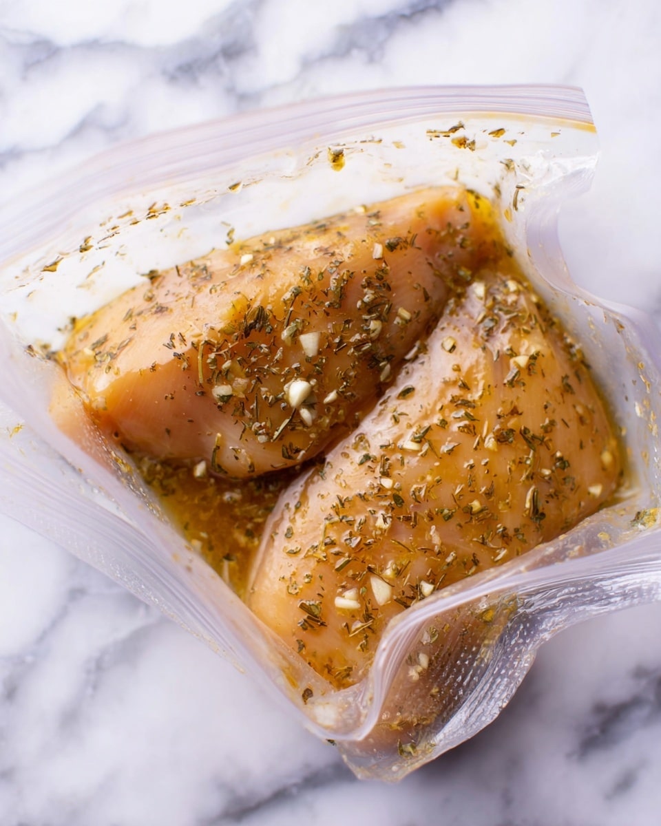 A clear plastic bag holds two pieces of raw chicken soaked in a light brown marinade mixed with herbs and visible small white garlic bits, the chicken pieces have a smooth, shiny surface with specks of green herbs spread evenly. The bag is open at the top and sits on a white marbled surface, showing the marinade coating both pieces completely. Photo taken with an iphone --ar 4:5 --v 7