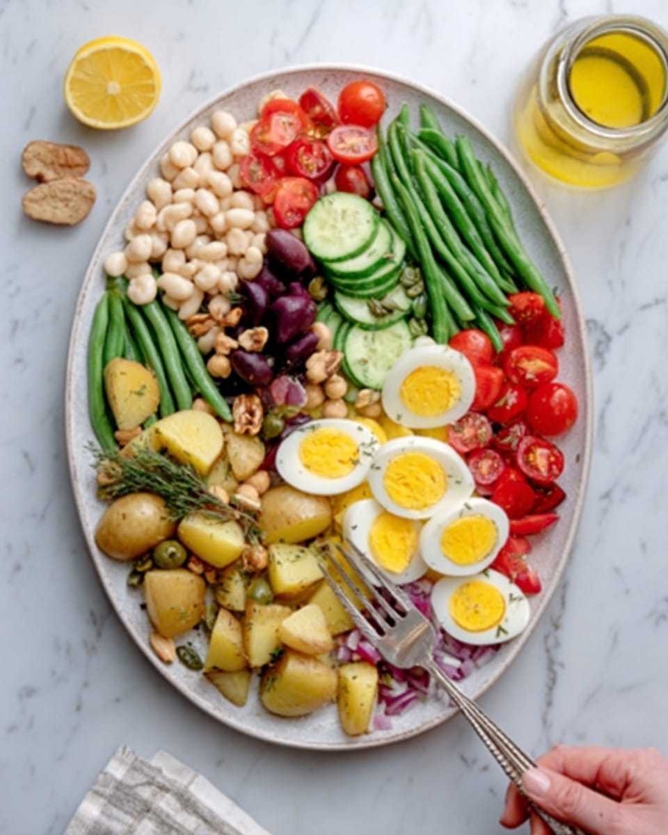 A white plate filled with a colorful salad arranged in layers on a white marbled surface. Starting from the left side, there are white beans, green beans, and sliced cucumbers placed in neat rows. Close to the center are cherry tomatoes, black olives, and small round potatoes, some halved to show their soft yellow inside. Toward the front middle, halved boiled eggs with bright yellow yolks sit atop the potatoes. There are small chunks of nuts and more cherry tomatoes scattered across the plate. A woman's hand holds a silver serving fork near the right edge of the plate. Nearby, a glass jar of oil and a lemon wedge are on the white marbled surface. The photo taken with an iphone --ar 4:5 --v 7